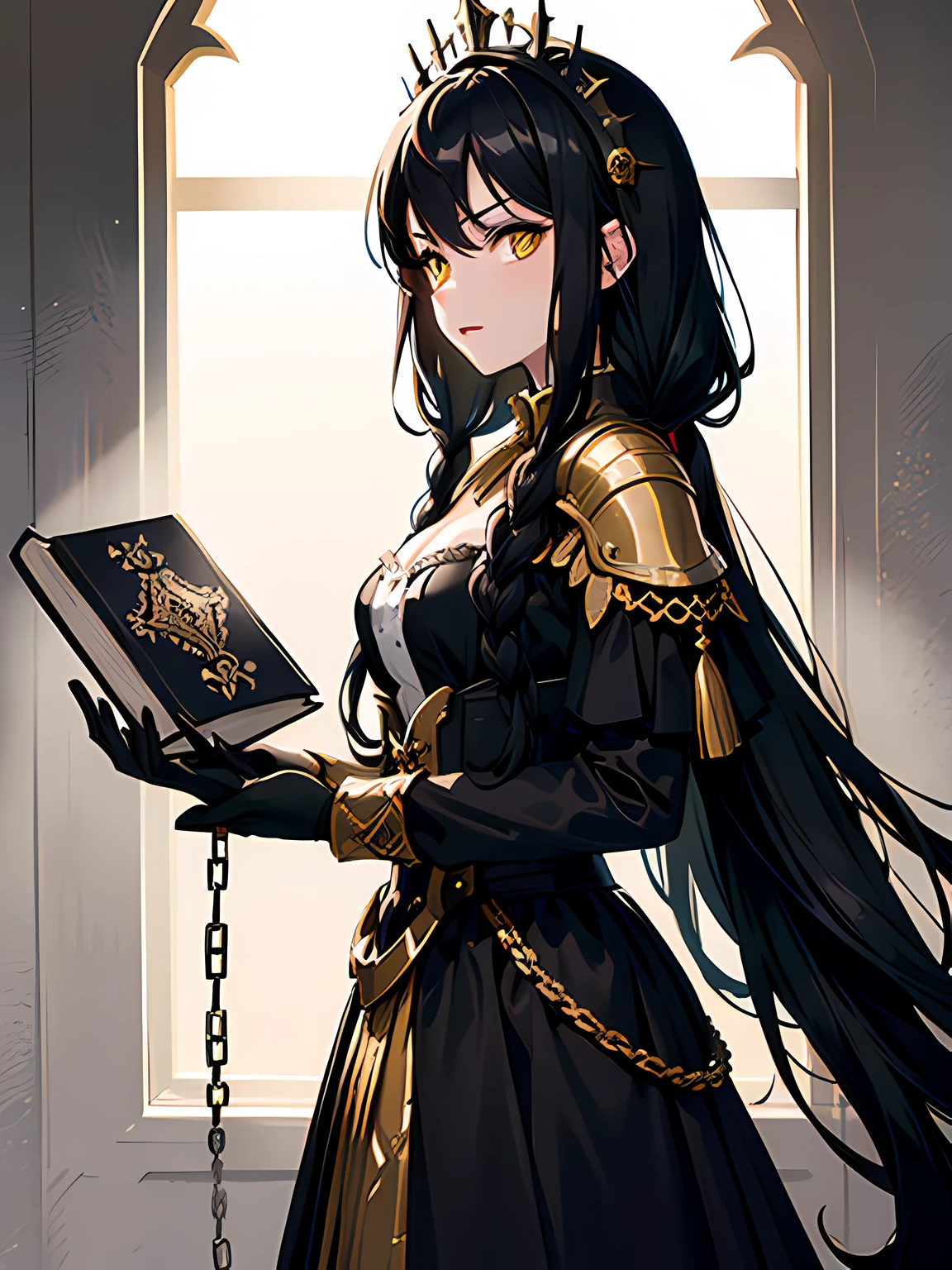 (((masterpiece)))
high quality, Flawless quality, WELL DETAILED FACE, amazing detail, amazing illustration, A beautiful gothic necromancer girl with long black hair, glowing yellow eyes, HOLDING A GLORY DARK COVER BOOK, post-apocalyptic DND style, glowing yellow eyes, face detailed, serious expression , HOLDING A BOOK IN A DARK COVER AND GLORY, chains scattered through clothes, A book of black magic held at the waist by chains, FACE DETAILED, dark background with black feathers flying, HOLDING A BOOK WITH A GROOM COVER