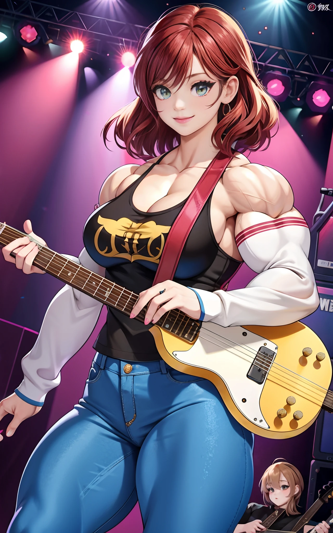 （tmasterpiece， best qualityer， A high resolution：1.2）， 1girll， 独奏，crewneck，（Electric guitar：1.6）， Rock fashion， Muscular female,Muscular,Muscular thighs， Pantyhose， There are bubbles， Stage， stage lighting， peeping at the viewer， brunette color hair，camisole