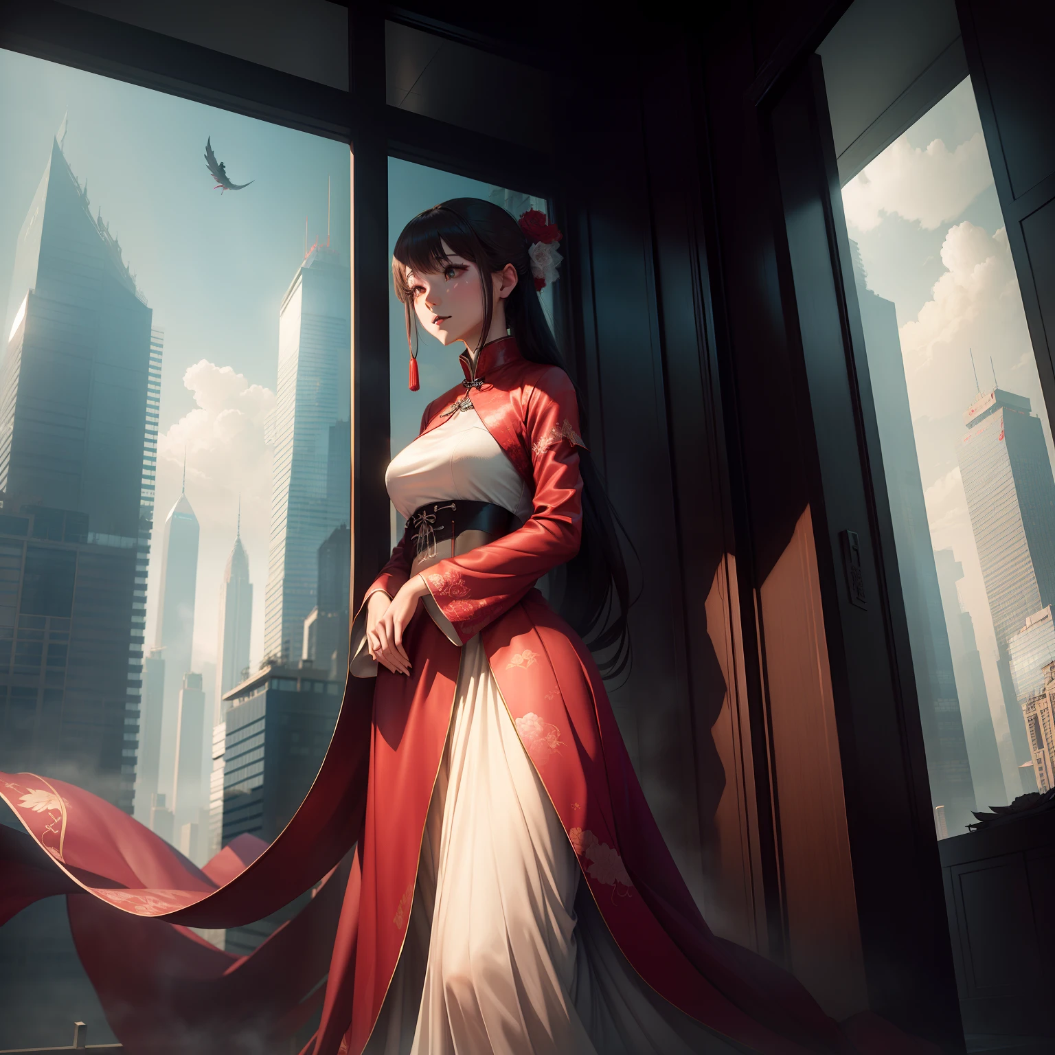 - Cityscape
- Skyscrapers
- Red ghost (or ghost bride)
- Spacious sky
- Window with no view
- Taller ghost than the buildings
- Woman ghost outside the window
- Giant-like ghost
- Traditional Chinese wedding dress
- Veiled face