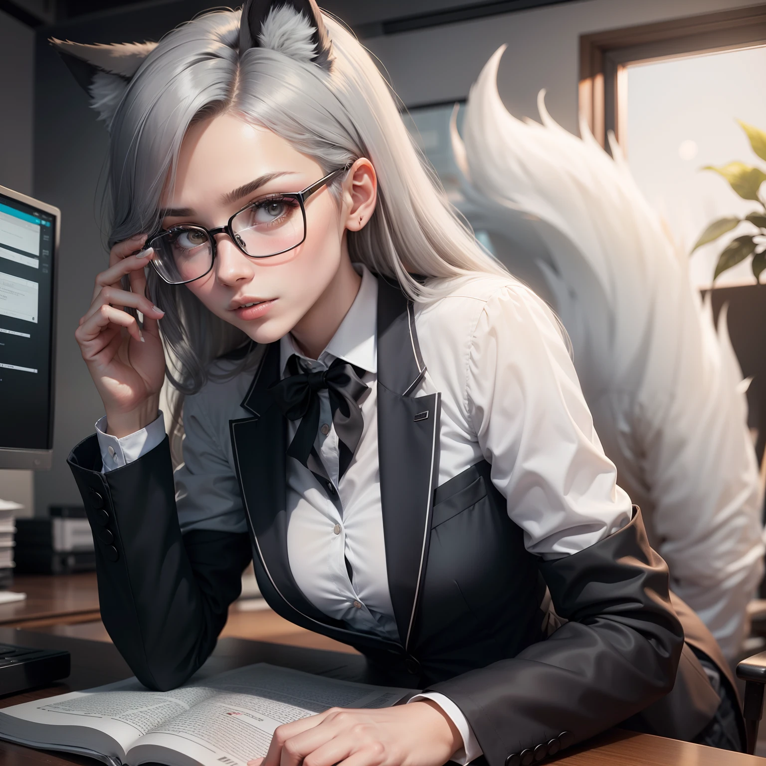 black-frame glasses，Wolf tail，Gentle with a little coldness，Workplace attire with gray silk
