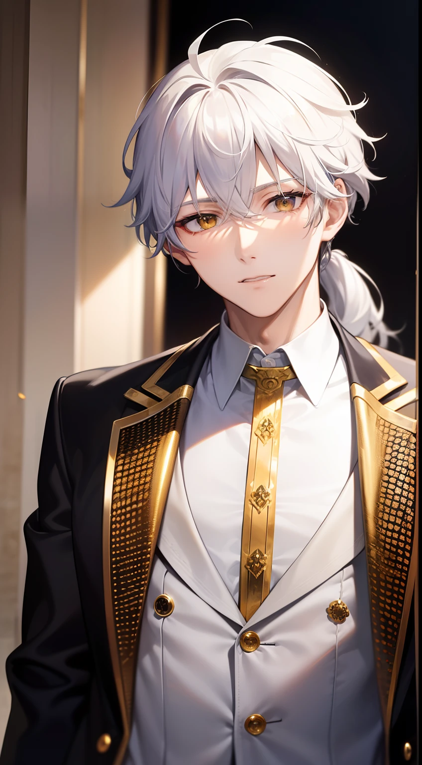 Grown-up guy, white colored hair, high ponytail, golden eyes, white suit with gold elements, Masterpiece, hiquality