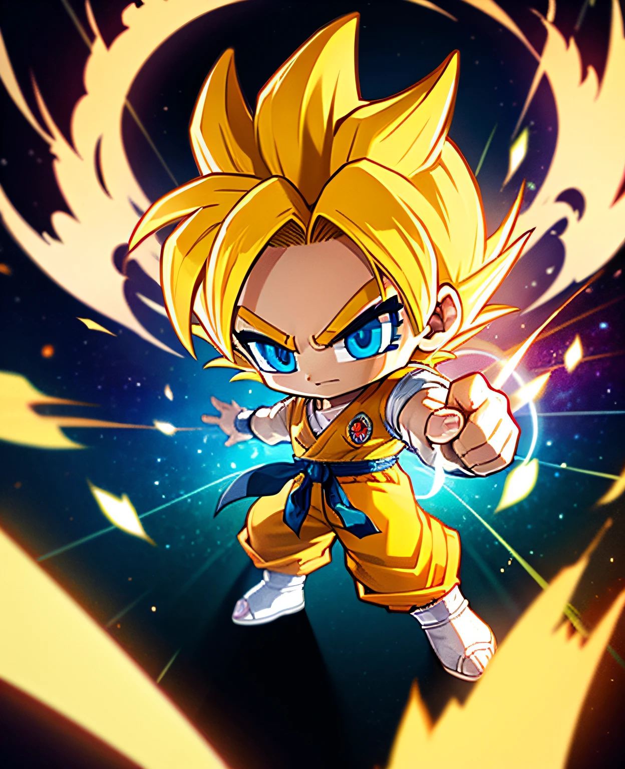 best quality, masterpiece,  Son_Goku_\(Dragon Ball\), Super saiyan, solo, chibi, best ratio for fingers and one thumb, Yellow hair, white collar, white sleeves,