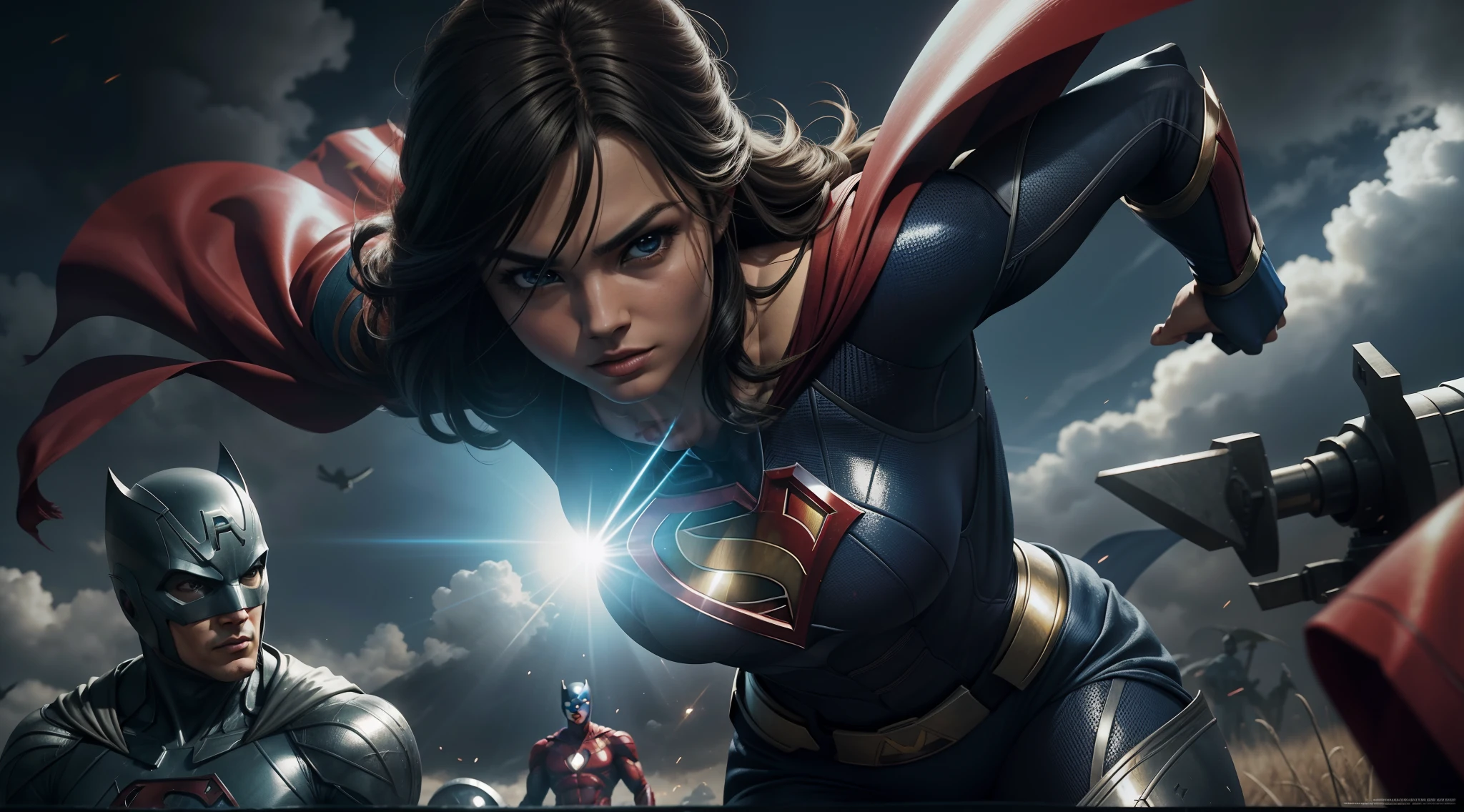 There are three superheroes standing in a field with a sky background, japanese dc live-action movie, in the justice league, justice league, sem texto, hero, cg arte, heroic look, imagem promocional do filme, promocional ainda grande angular, Universo DC, Salvando o dia novamente, Obra-prima da luz brilhante, Estilo DC Comics, Super poderes, promotional render, superhero movie, Superheroíne