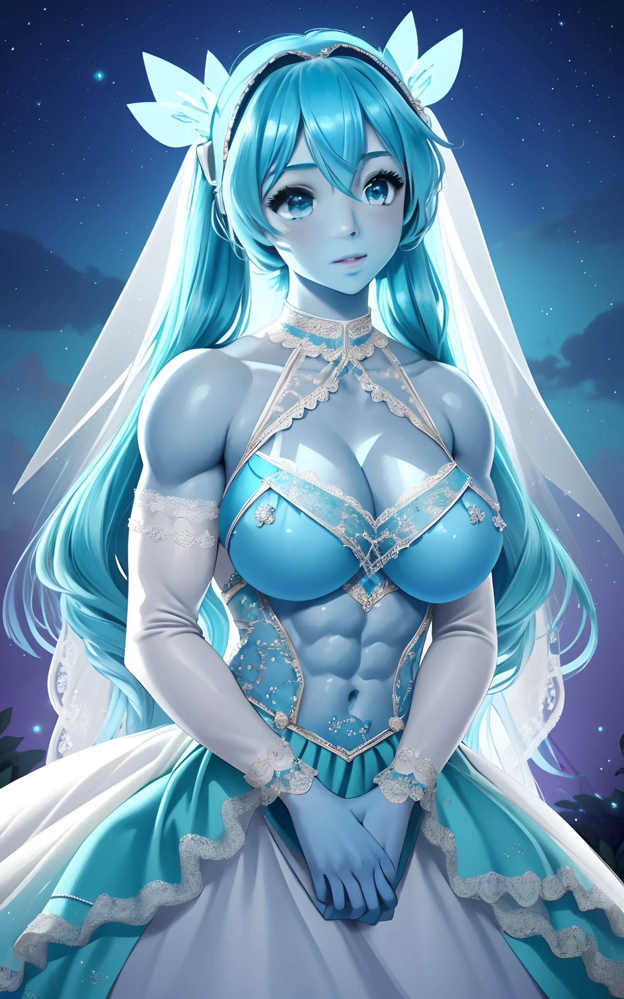 (1girll), huge tit, Breasts, Conque, Moisturizes skin, ,Night garden , Fairy princess dress，Embellished with delicate lace and sparkling gemstones    ， teens girl,realistic illumination，top Quority，8K，tmasterpiece,Muscular female,Muscular,Abs,(Big breasts Hatsune Miku), (Blue skin:1.4),