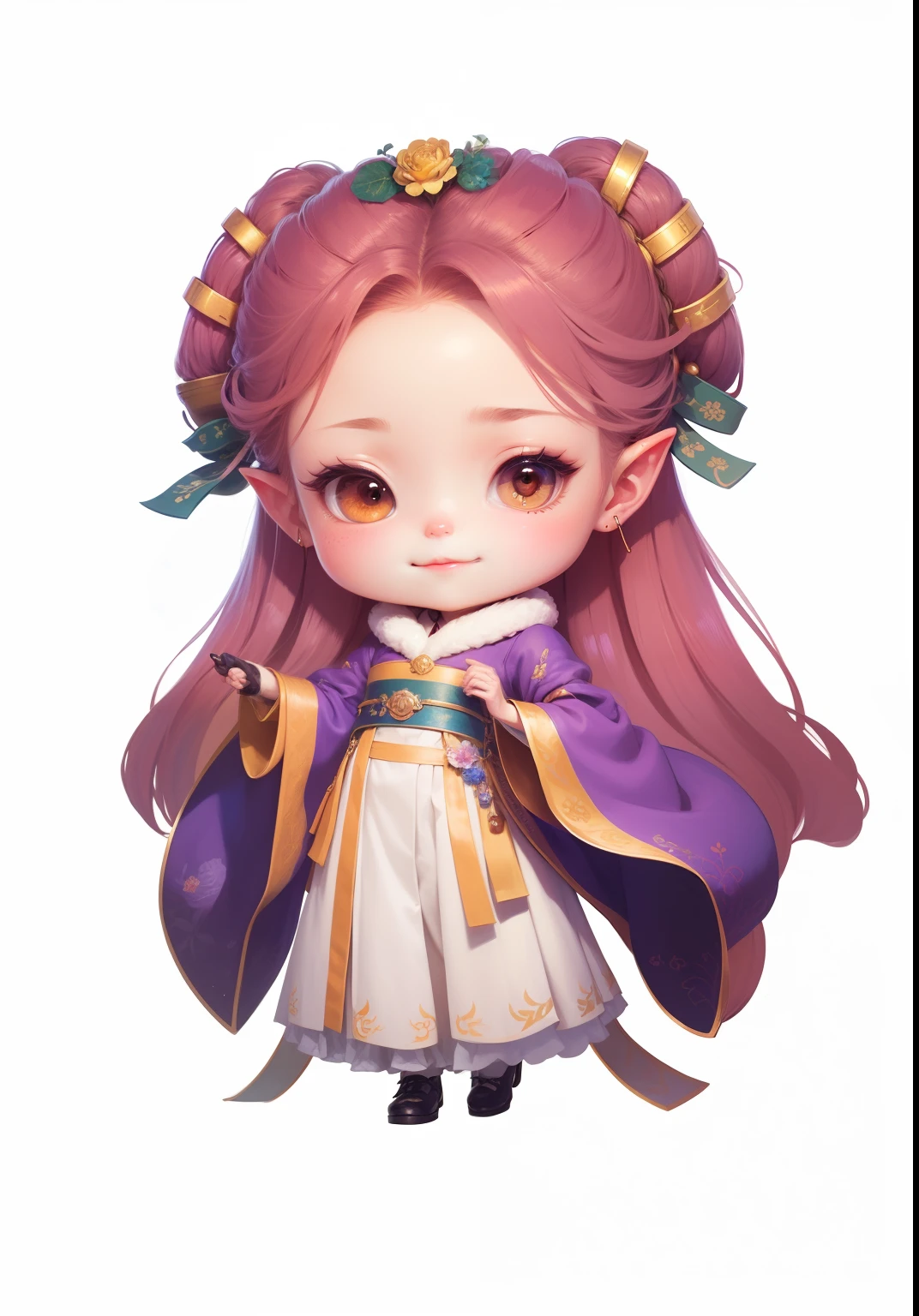 She laughed heartily，Exquisite illustrations，Detail portrayal，Detailed depiction of flowers，Lovely quadratic，Furry collar，The costumes are meticulous，cute character,  elf girl wearing an flower suit, Guviz-style artwork, detailed character, palace ， A girl in Hanfu, guweiz masterpiece