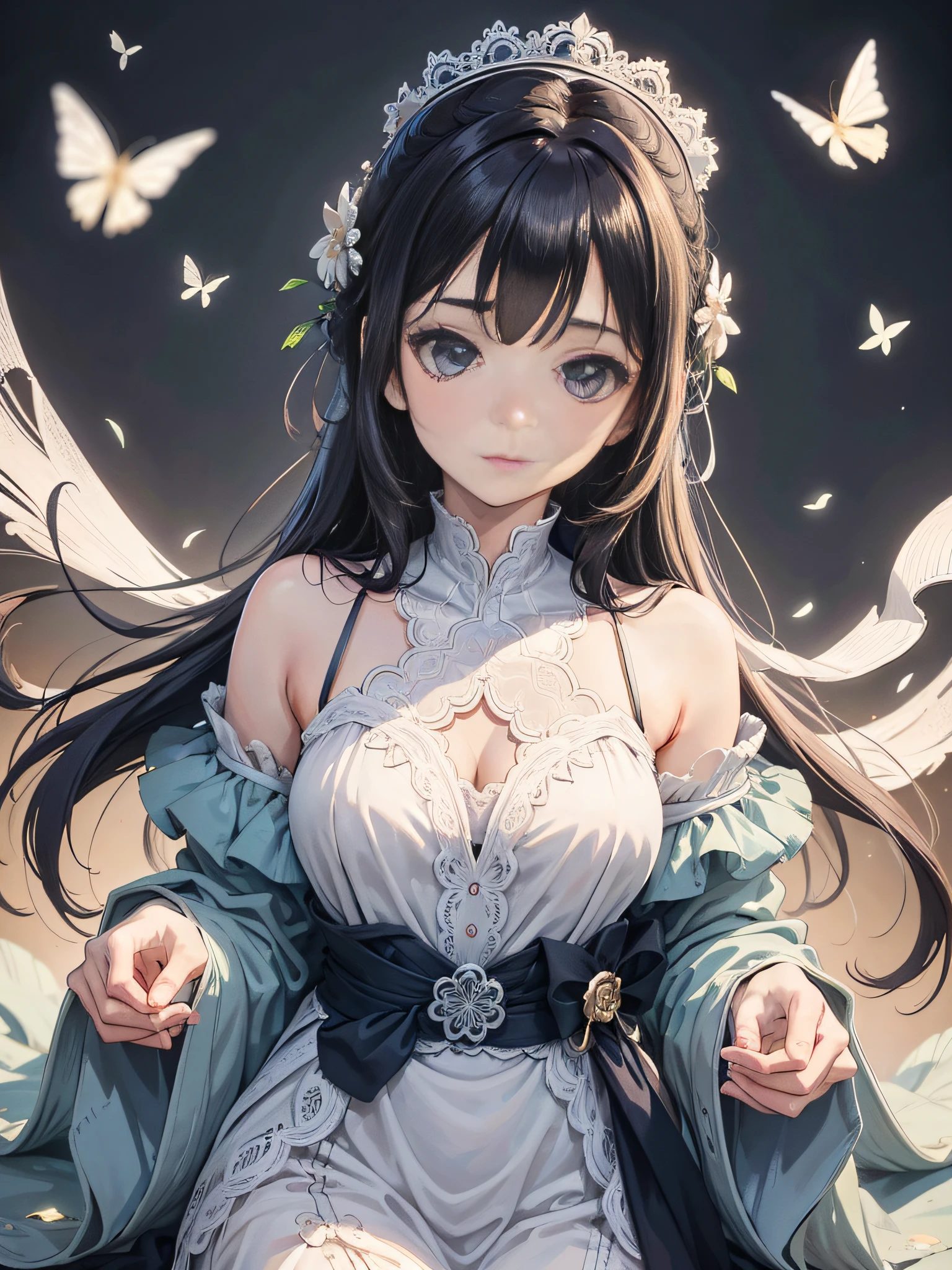 A cute beautiful girl,lovely and delicate,Peerless beauty,Fine hair accessories,Pitying,(messy hair),Costume dressed in lace,Supple skin,Fashionab,A delicate painting,Clover hairpins,Blue,Ultra-high image quality,8k,depth of fields,(Macro lens),Ambient lighting,high light,Upper body Animationstyle,Comics,Highquality Above waist