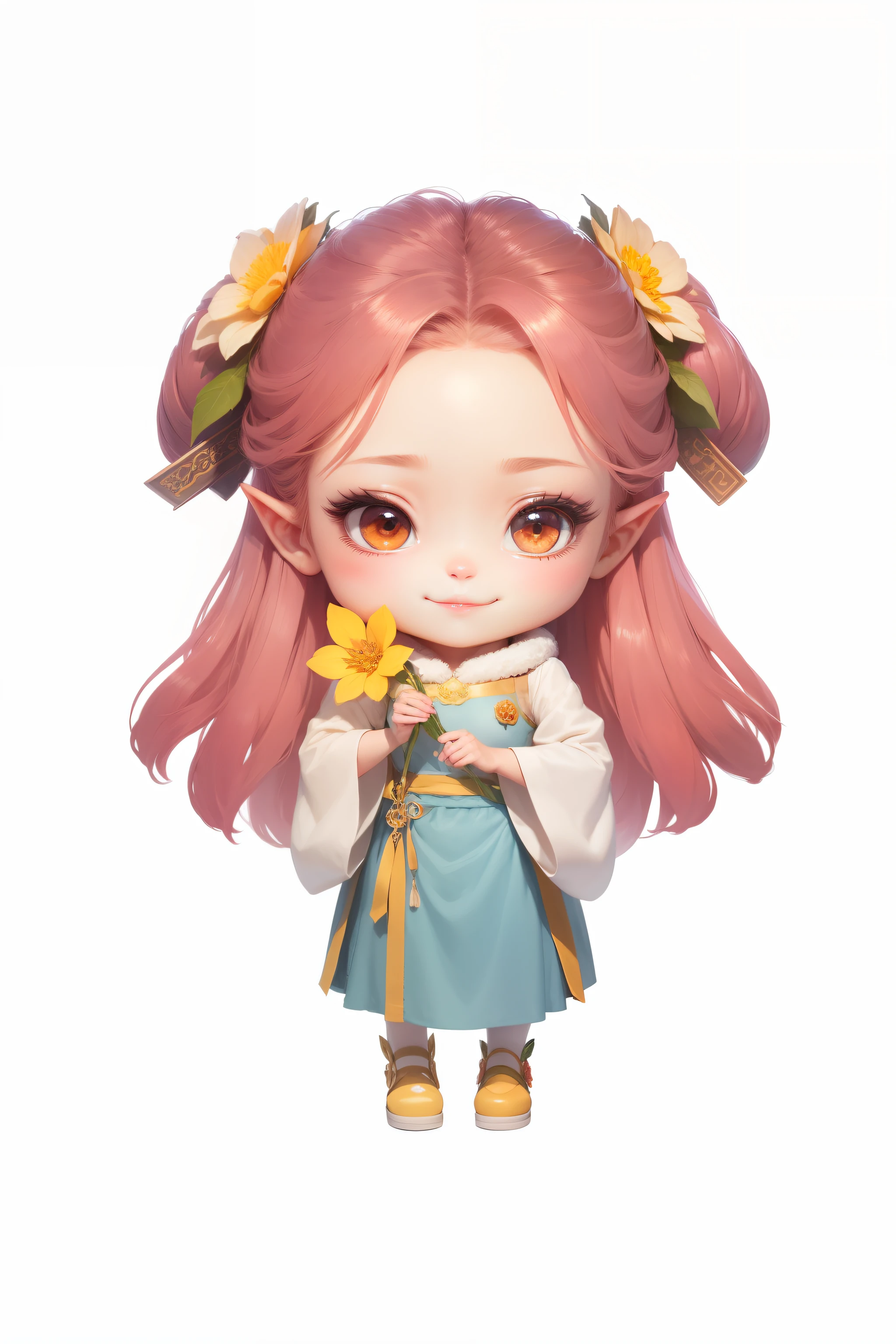 She smiled brightly,Exquisite illustrations,Detail portrayal,Detailed depiction of flowers,Cute two-dimensional,Furry collar,The costumes are fine,cute character, Guviz, elf girl wearing an flower suit, Guviz-style artwork, detailed character, palace , A girl in Hanfu, guweiz masterpiece
