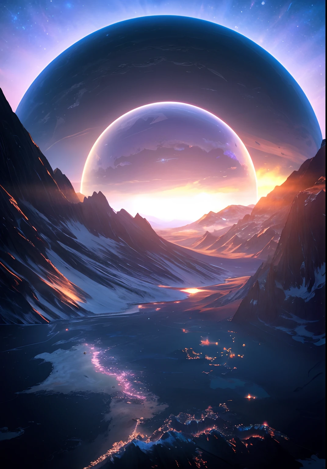 Alphad view of planets with halos in the sky, Beautiful alien landscape, 4k highly detailed digital art, planetarylandscape, fantasy planet, 8K stunning artwork, stunning alien landscape, Sci-fi fantasy wallpaper, alien breathtaking landscape, sci fi alien world, epic beautiful space scifi, amazing alien landscape, futuristic landscape, 3 d render beeple
