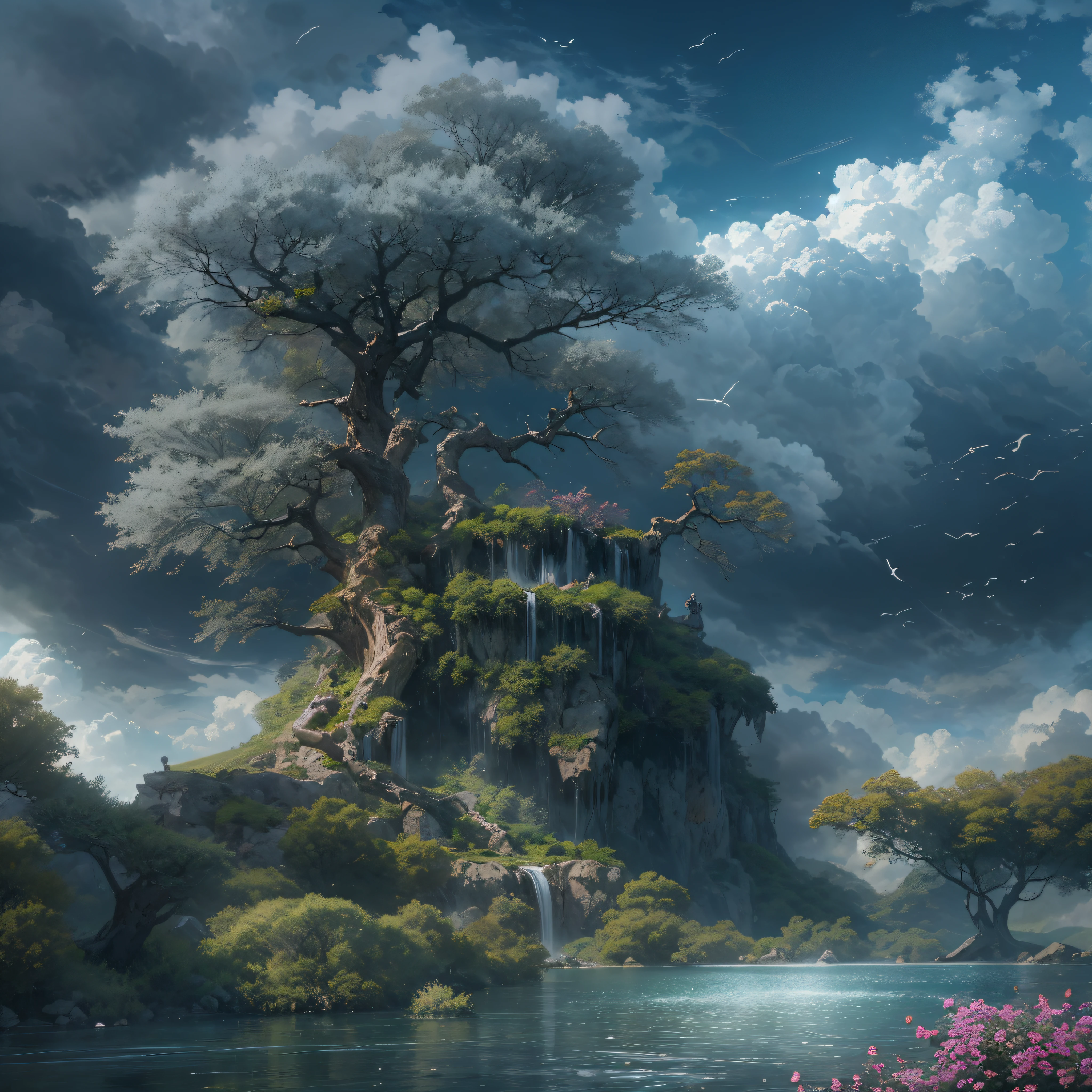 tmasterpiece,Best quality at best,high qulity,the Extremely Detailed CG Unity 8K Wallpapers,scenecy,exteriors,Skysky,clouds,Rich cloud cover,Skysky,mont,scenecy,Eau,The tree,blue-sky,waterfallr,precipice,naturey,lakes,rios,Cloudy sky,award winning photography,Background bokeh,depth of fields,hdr,blooms,color difference,真实感,The is very detailed,Trends on ArtStation,Trends on CGSociety,iintricate,high detal,dramatics,halfway art