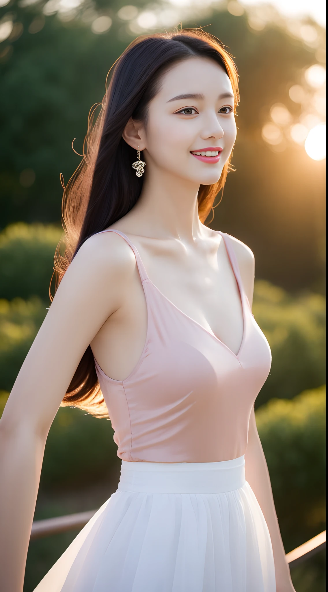 This beauty has a beautiful face,Sharply defined,Delicate facial features,Bright eyes,The slender eyebrows curved upwards,The bridge of the nose is erected,The lips are red and the teeth are white,The appearance is outstanding。Her hair is long and smooth,Black and shiny as silk,Falls to the waist,It exudes a faint fragrance。She is tall and well-proportioned,Curvy,The slender legs and slim waist exude an alluring beauty。She wore a white dress,It brings out that her skin is fairer,The skirt fluttered slightly,Like a fairy。Her temperament is elegant and noble,Gentle manners,People are involuntarily attracted to her。Her confident and gentle smile,Let people feel the beauty and warmth of her heart。This beauty is both in appearance and temperament,They are all beautiful women that people can't forget。 A high resolution:1.3), Super fine face and eyes,Wearing necklaces and earrings,Hit in a random pose,beautiful purple sunset at beach,strong rimlight, middlebreast,Anatomically normal,Glow particle effect,