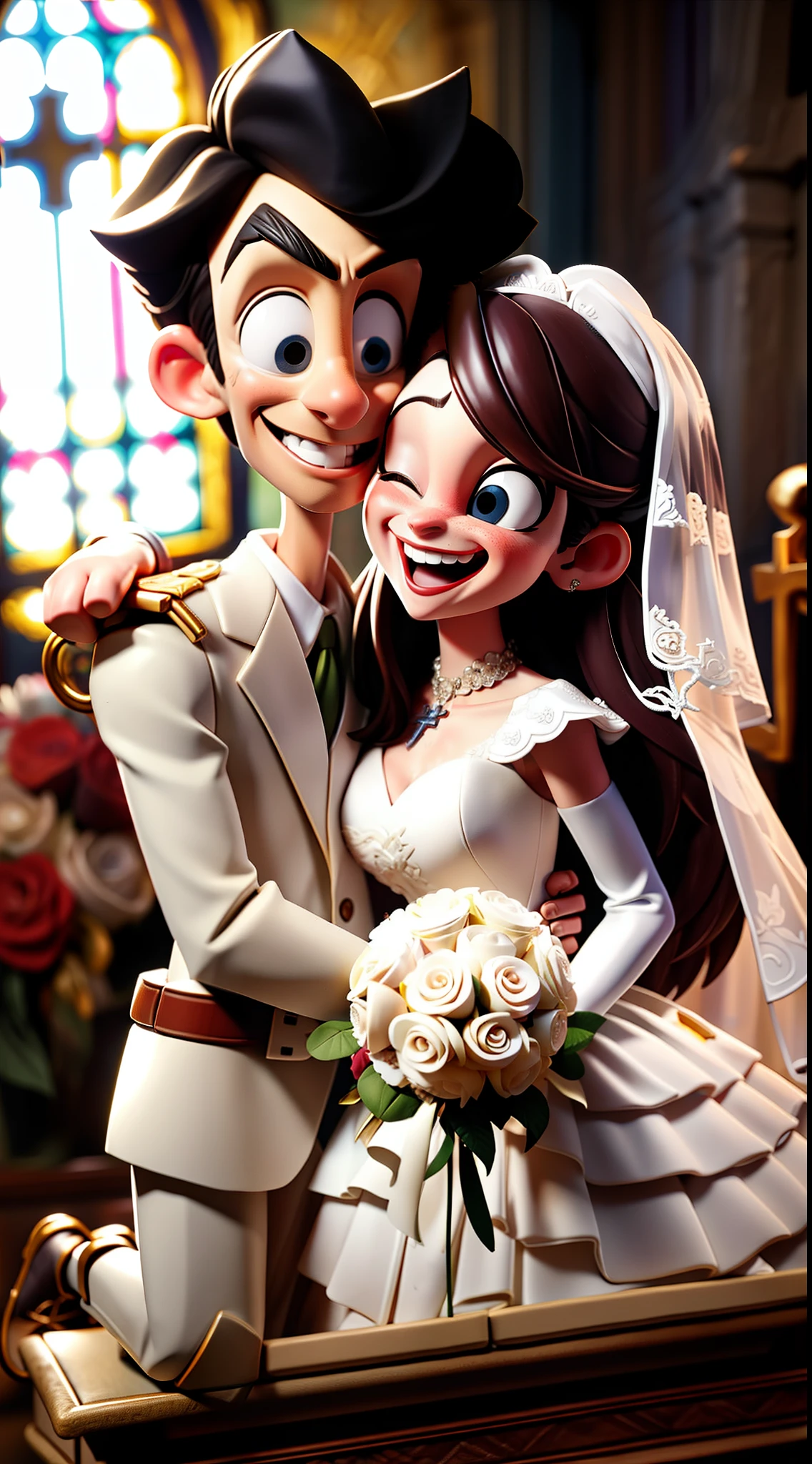 portrait of two people、bride and groom、the kiss、in chapel、crosses、Bright floors、Best Quality、masutepiece、Happiness、a smile、wedding、