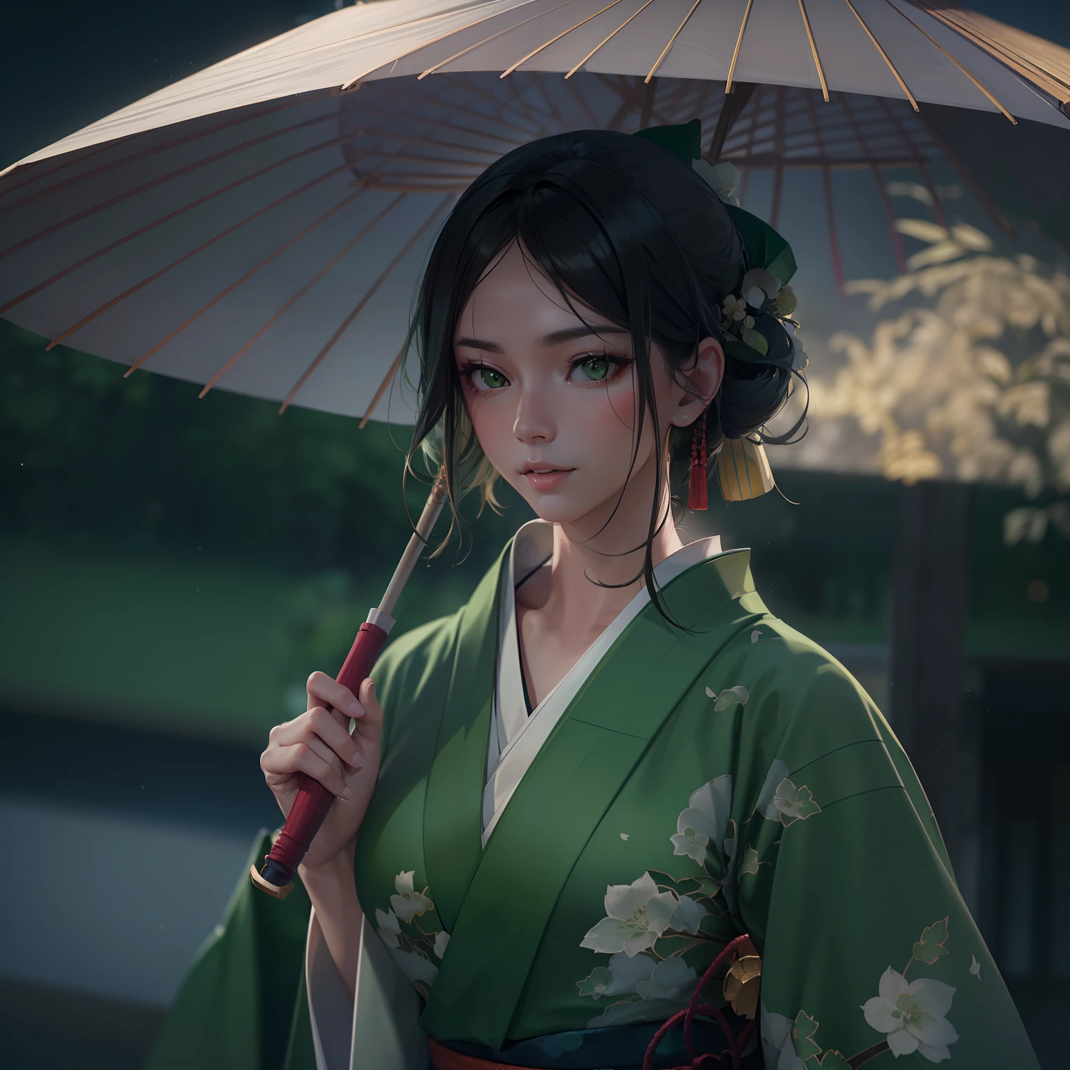 woman, (wearing green kimono_clothes:1.3), holding umbrella, holiday
good hand,4k, high-res, masterpiece, best quality, head:1.3,((Hasselblad photography)), finely detailed skin, sharp focus, (cinematic lighting), night, soft lighting, dynamic angle, [:(detailed face:1.2):0.2], medium breasts, outside,