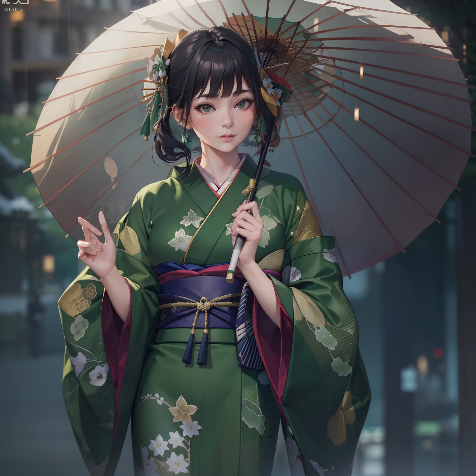woman, (wearing green kimono_clothes:1.3), holding umbrella, holiday
good hand,4k, high-res, masterpiece, best quality, head:1.3,((Hasselblad photography)), finely detailed skin, sharp focus, (cinematic lighting), night, soft lighting, dynamic angle, [:(detailed face:1.2):0.2], ??????????????, outside,