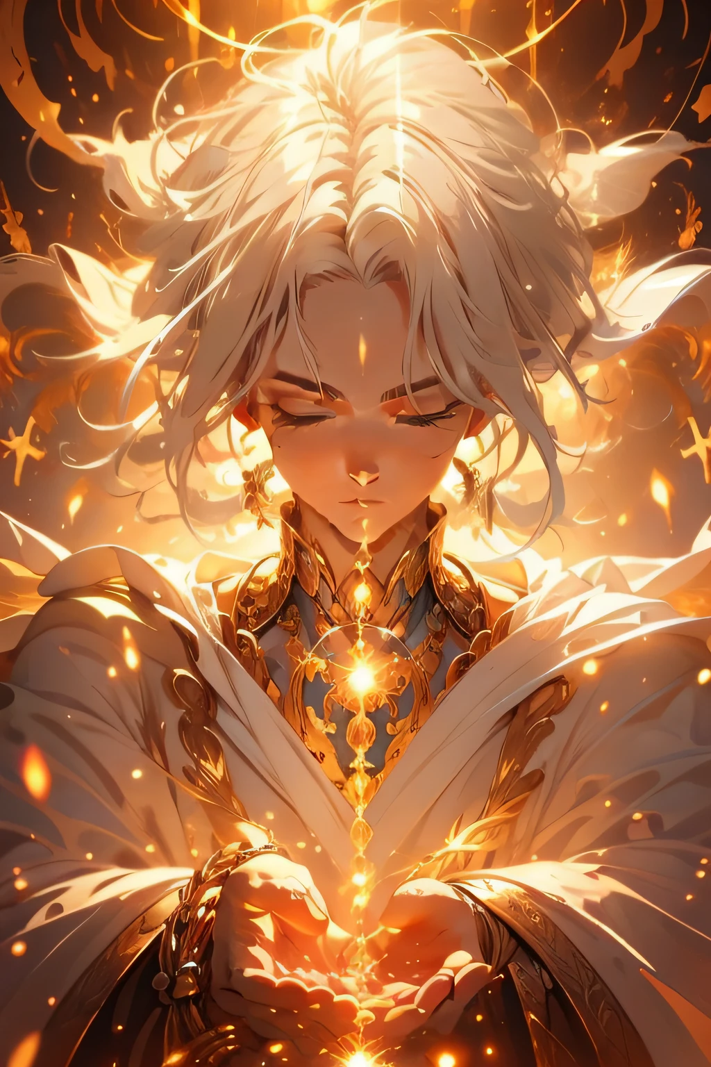 Wonderland Suspended Tree Waterfall Immortal Warlock Magic Robe Floating in the Air Holding a Dust Whisk in Your Hands Sharp Eyes Bright Golden Light Shining Overhead, silver hair, forehead jewel, half-closed eyes, jitome, jitome, god rays, anatomically correct, ccurate, high details, high quality, super detail