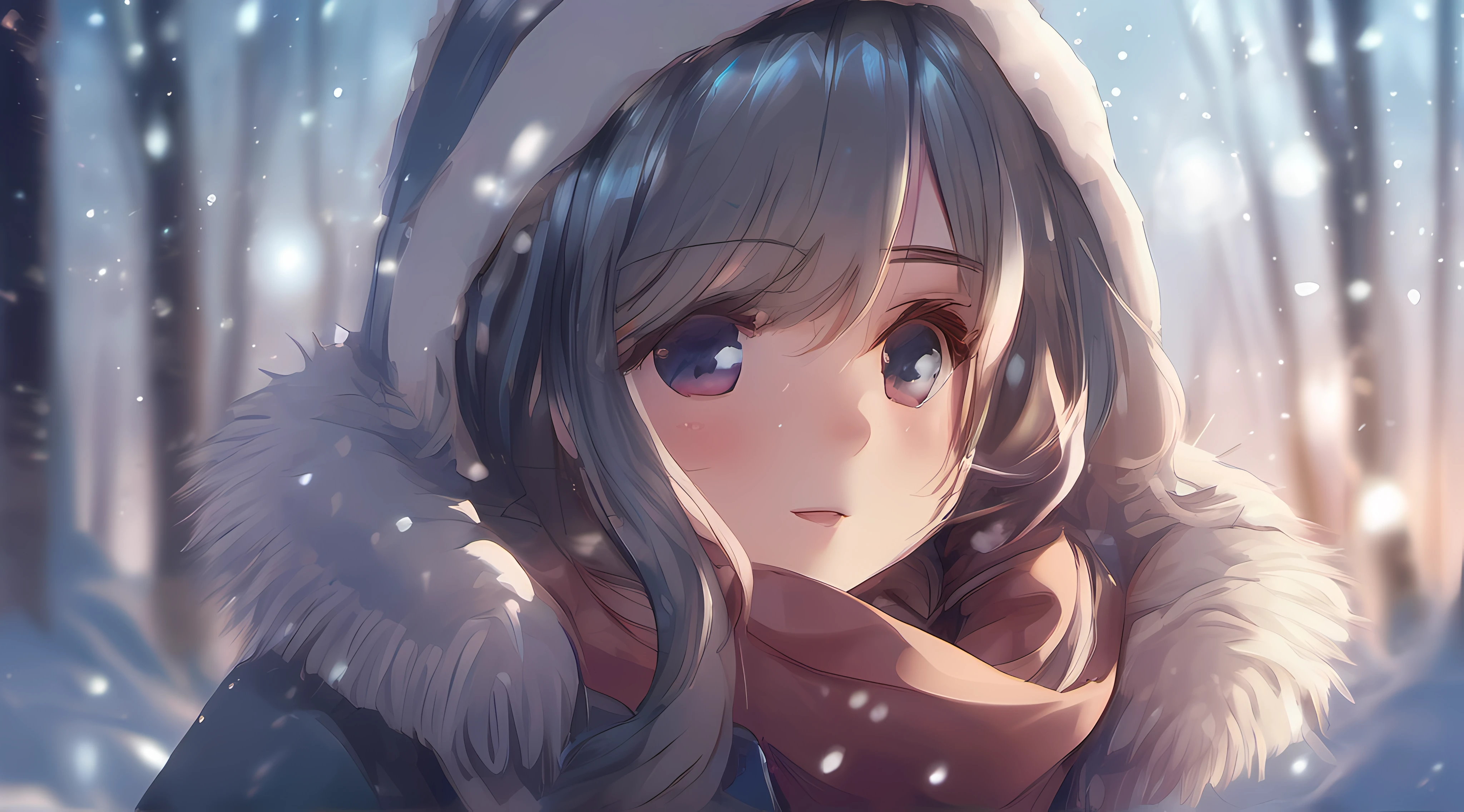 1girl, gradient hair, detailed clothes, winter forest, snowflake, soft cinematic light, elegant, highly detailed, faded, hires, backlighting, face focus, sparkle, from side, looking up