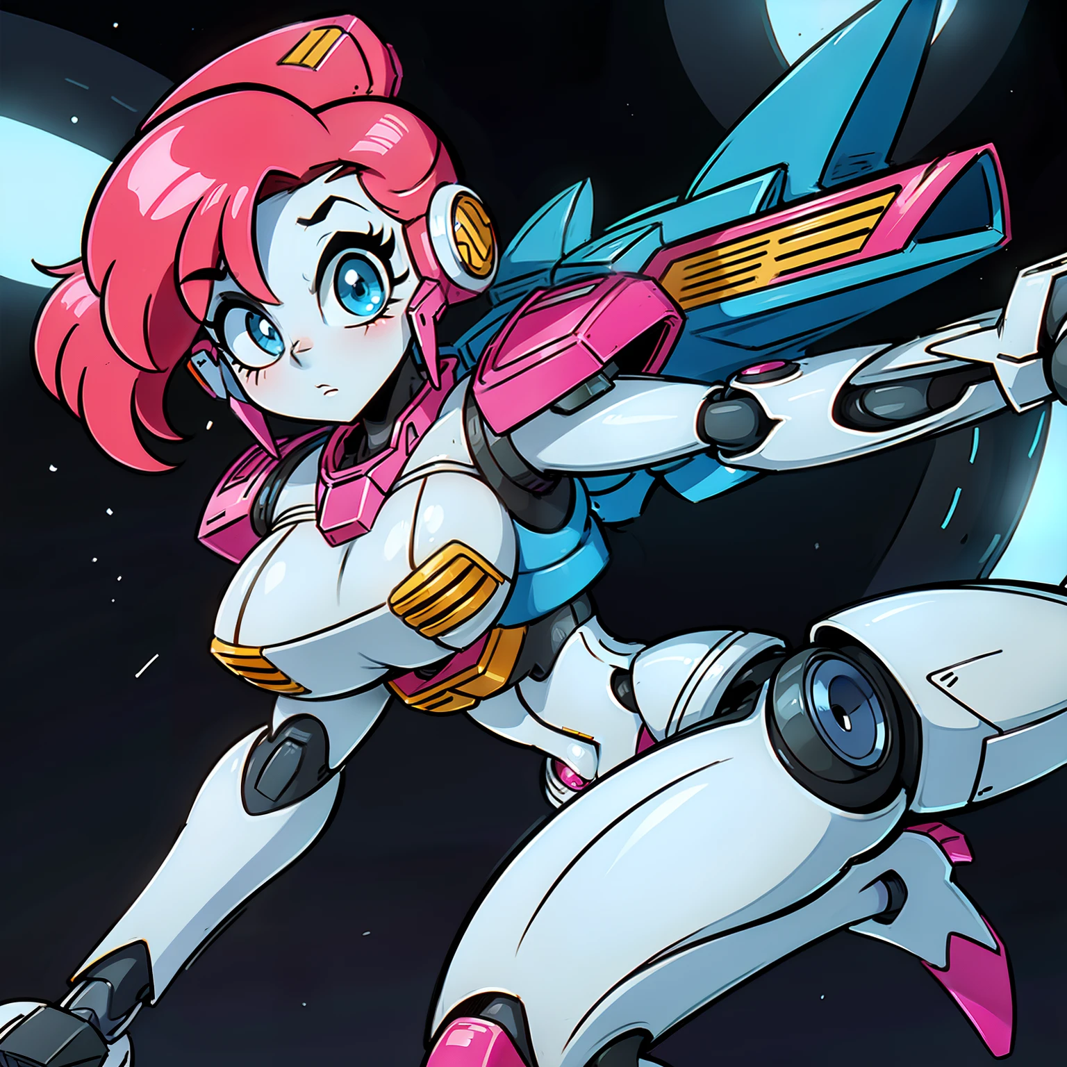 a scene of space Ranger going in for a meeting, sexy robot secretary, ((similar but not limited to (90's mecha anime))) weirdness, beautiful, pretty, sexy, fantasy,  futuristic, tech, solid white and pink armor,