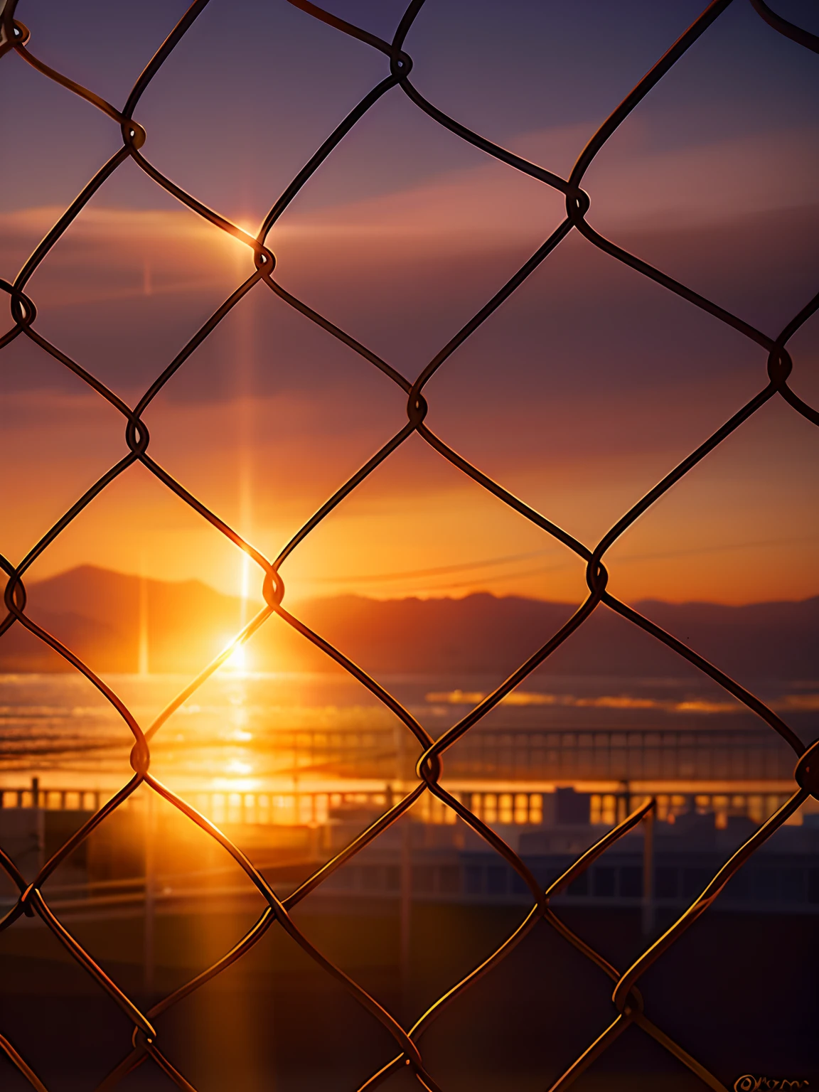 arafed view of a city through a chain link fence, rusty chain fencing, golden hour sunlight, shining golden hour, shot at golden hour, golden hour photo, golden hour closeup photo, there is a loose wire mesh, background in blurred, morning golden hour, golden hour time, dramatic warm morning light, golden hour background, prison background, fence