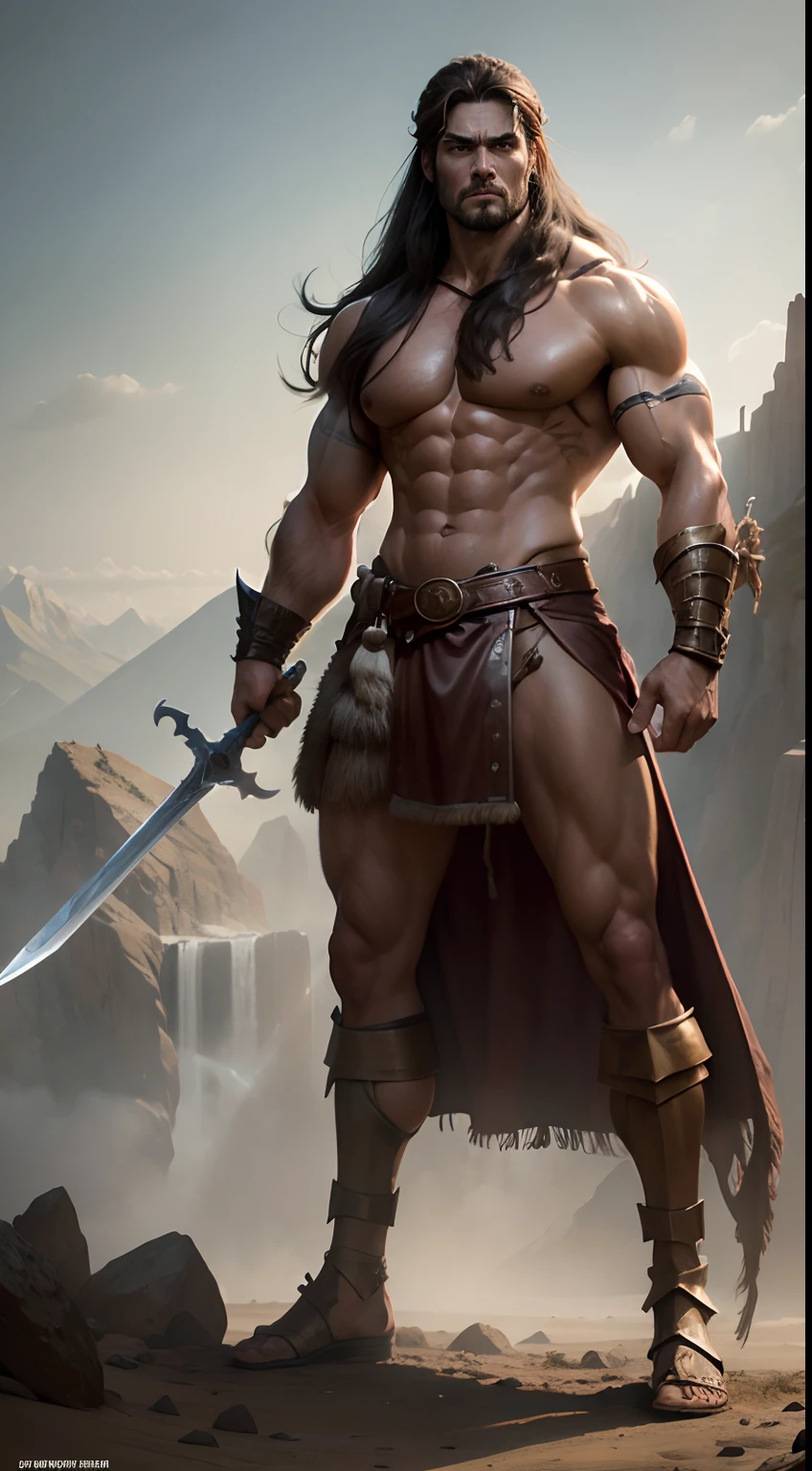A tall image of a couple, Conan the Barbarian, sword in hand, sinewy muscles, standing on a mountain, and, Lucy Pinder, completely naked, standing behind him, in a battlefield, photorealistic, front view, High resolution