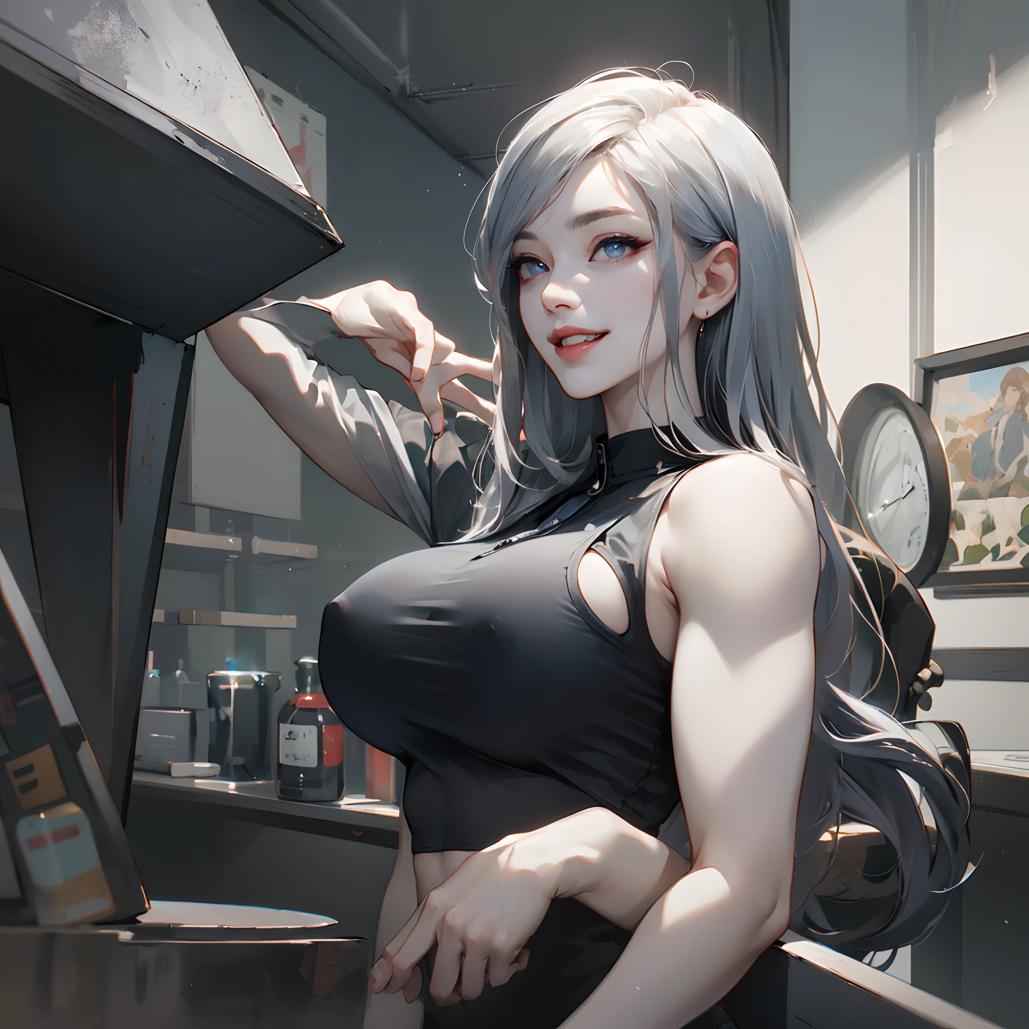 (The 8k quality、Real masterpieces:1.3)、1girl in、(Slender abs emphasis:1.3)、(length hair、huge tit:1.2)、Loose vest:1.2、Upper face、Delicat eyes、Double eyelid smile、Home Casual、Random color clothes、tits out、Erotic