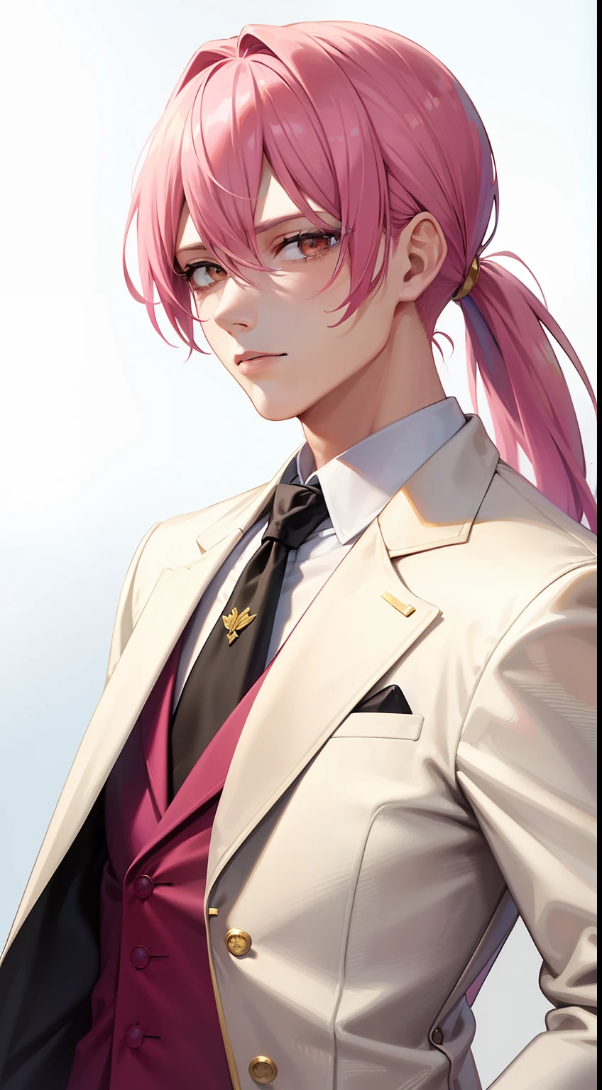 Adult man, pink colored hair, high ponytail, golden eyes, white suit with gold elements, Masterpiece, hiquality