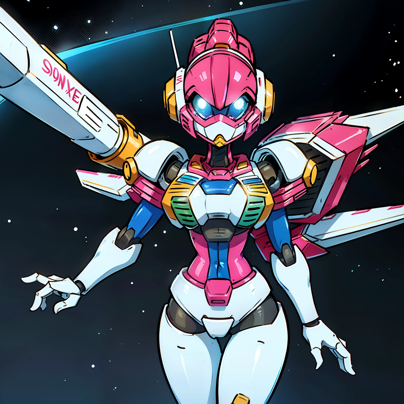 a scene of space Ranger going in for a meeting, sexy robot secretary, ((similar but not limited to (90's mecha anime))) weirdness, beautiful, pretty, sexy, fantasy,  futuristic, tech, solid white and pink armor,