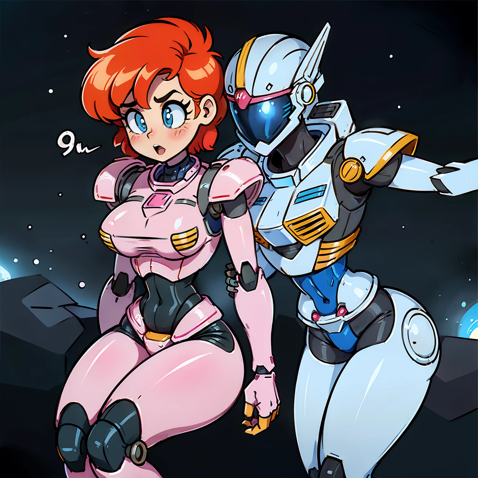 a scene of space Ranger going in for a meeting, sexy robot secretary, ((similar but not limited to (90's mecha anime))) weirdness, beautiful, pretty, sexy, fantasy,  futuristic, tech, solid white and pink armor,
