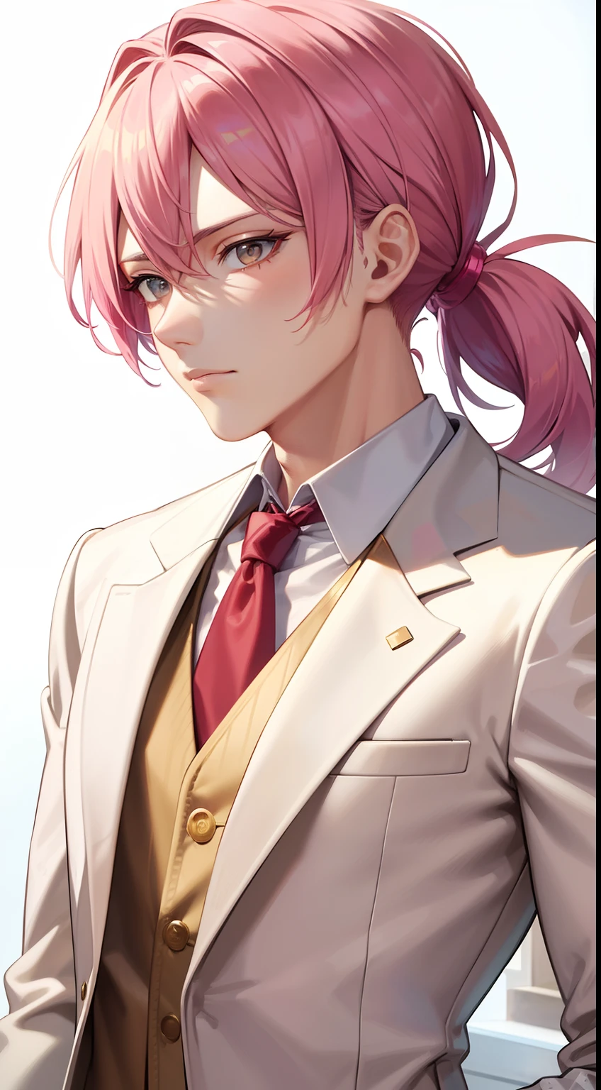 Adult man, pink colored hair, high ponytail, golden eyes, white suit with gold elements, Masterpiece, hiquality