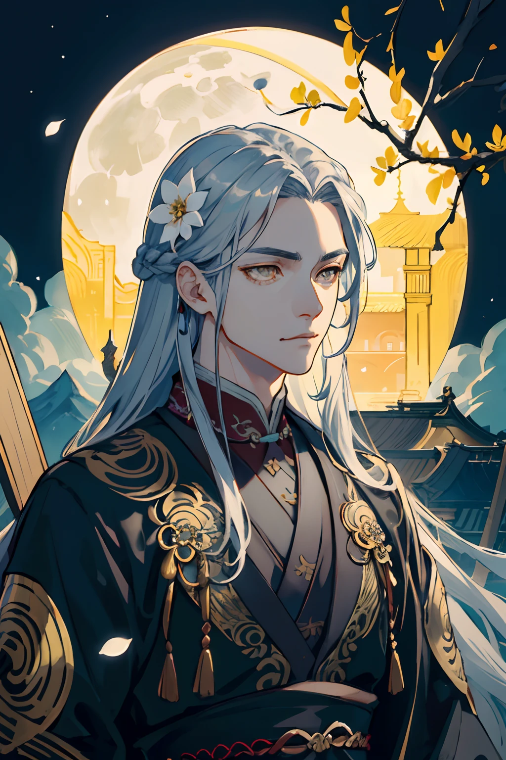 masterpiece, bestquality, 1 Boy, kawaii, Finely detailed eyes, intricate detailed, long silver hair, golden eyes, Wearing Xianxia Antique Costume, intricate detailed, fantasy, nighttime, (dark theme), Cinematic lighting, colorfully, portrait, Flying petals, Flower Meadow, Cloudy sky, building, moon, light