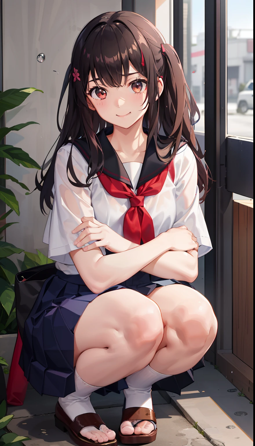 1girl in、A smile、The shirt、skirt by the、(small tits)Chilarism、Japan High School Student Uniform、serafuku、summer clothing、Squall Drenched Uniform、(Sheer Bra)、Upper body portrait、light cream hair、Squatting panchira、