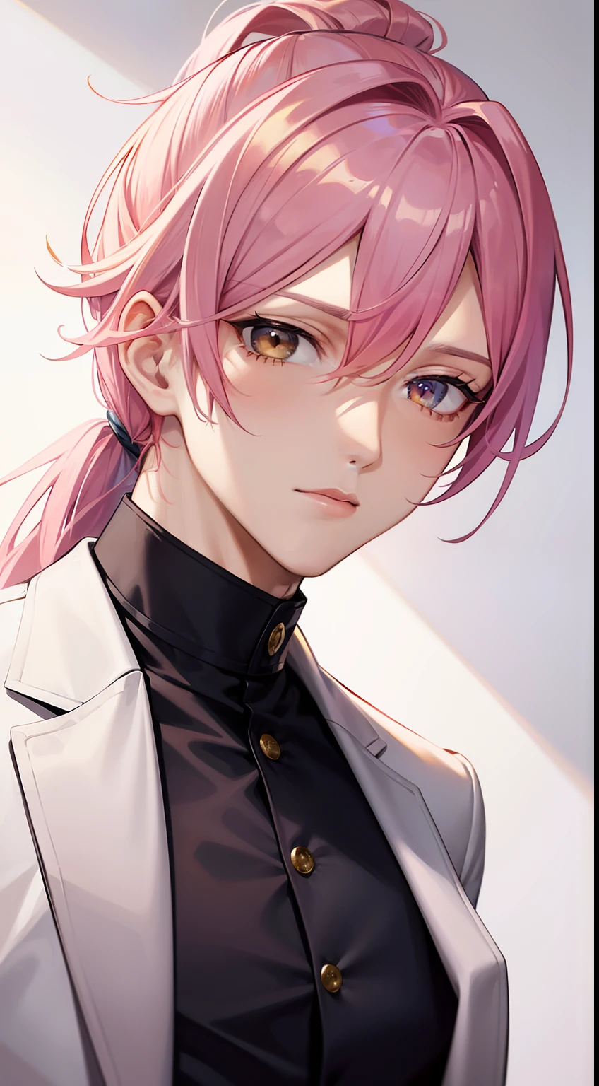 Adult man, pink colored hair, high ponytail, golden eyes, white suit with gold elements, Masterpiece, hiquality