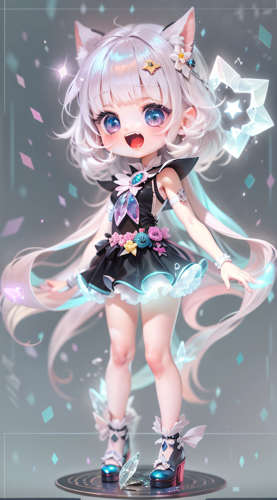 (Release crystal clear ice crystals),(Cute magical girl),(Emoji pack),9 emojis,(Aurora effect:1.5),(rendering by octane:1.2),(Black meteorite wraps the base),Extremely realistic,background inside dark,shine,Natural fill light,Radiation effect:1.5,(particle effect:1.5,Cute detailed digital art
