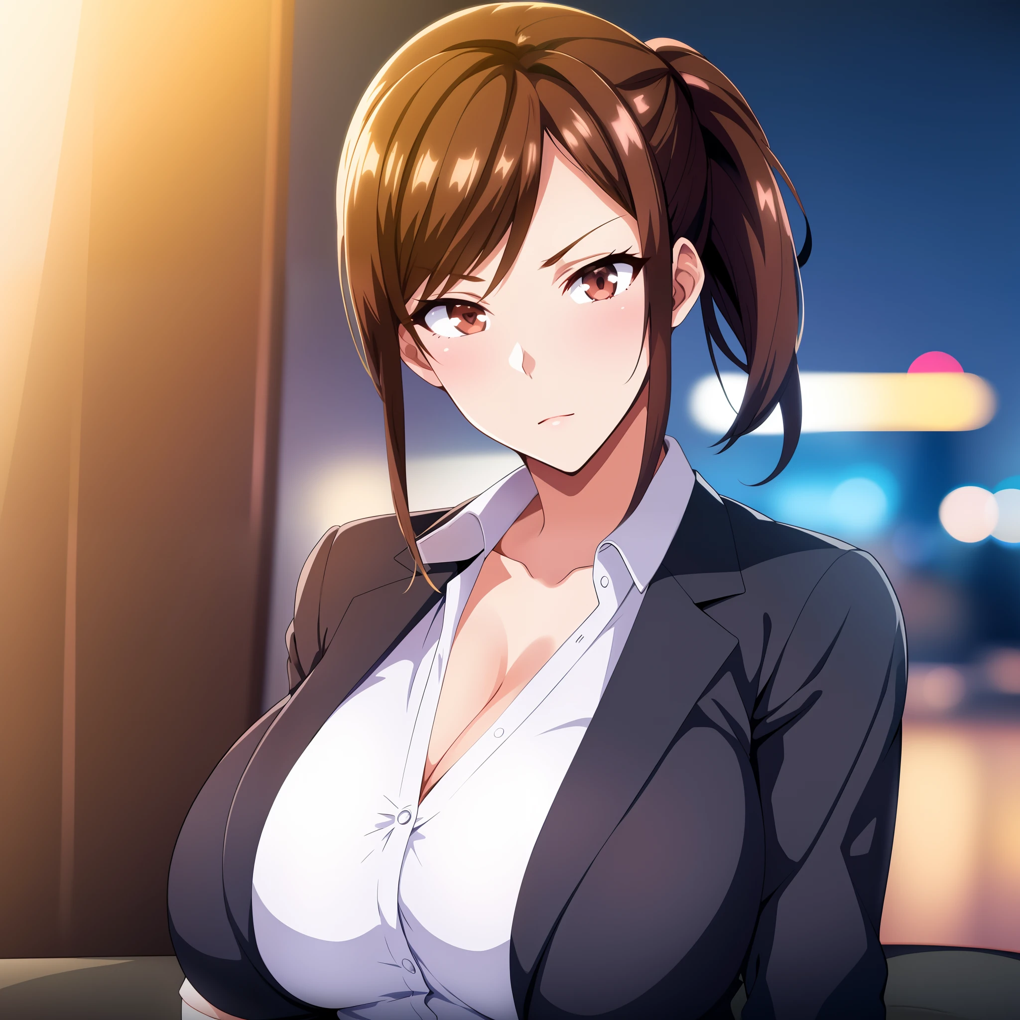 Chica de anime con un gran pecho en un traje y una camisa blanca, seductora chica de anime, OPPAI, Makoto Shinka, Atractiva chica de anime, Anime CG arte suave, Hermosa y seductora mujer de anime, Makoto, Marin Kitagawa Fanart, Anya de Spy X Family, Mejor chica del anime, Anime Moe Artstyle, sonrisa sensual, biomechanical oppai