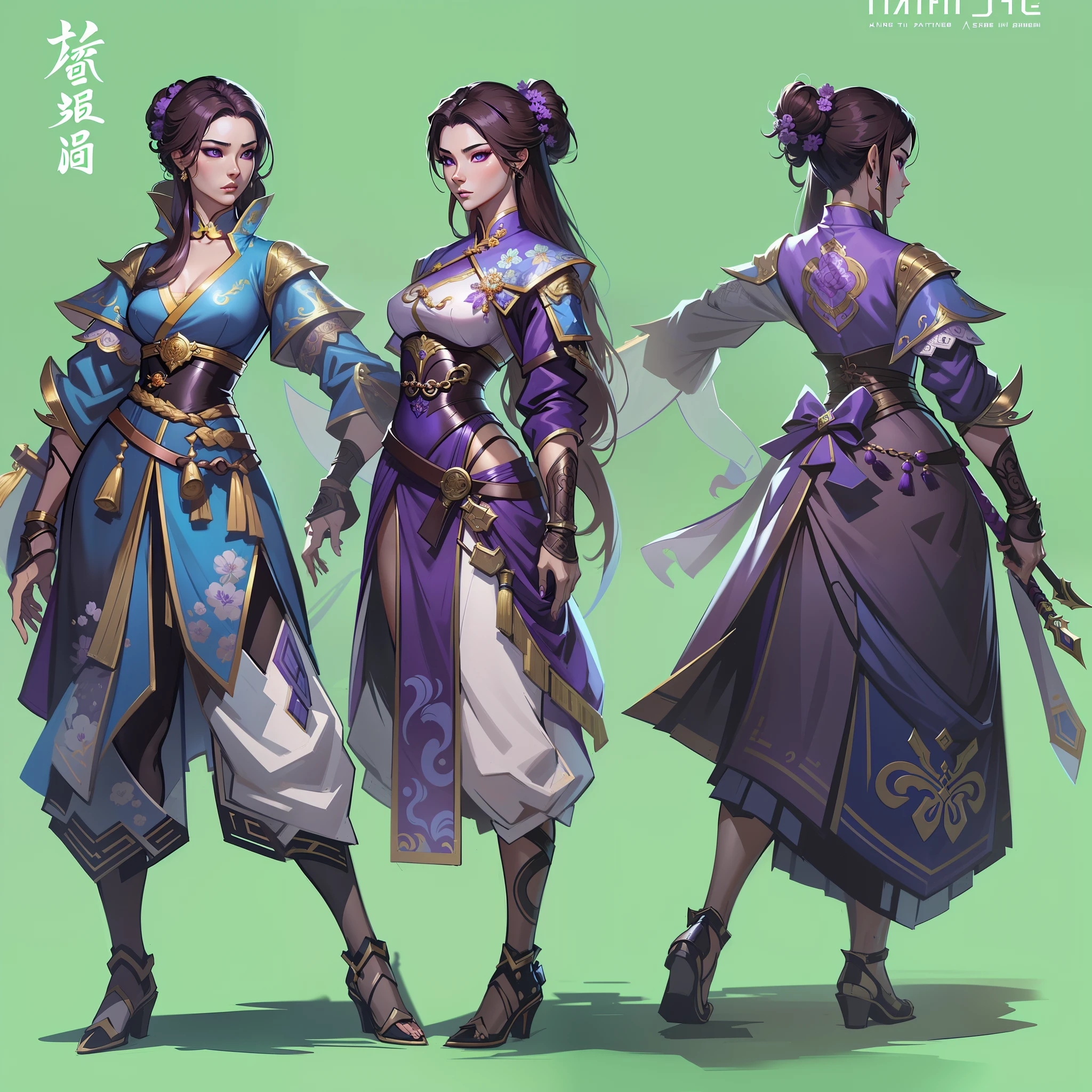 a close up of a strong amazon woman in her 30's, with purple eyes and grey-brown hair, wearing a black and purple ball gown dress, a heroine with purple eyes, martial artist holding polearm, standing in a chinese temple, new costume concept design, in the style of blade and soul, full body character concept, detailed character design, inspired by Yang Jin, inspired by Li Mei-Shu, chinese costume, inspired by Lan Ying, inspired by Sim Sa-Jeong, inspired by Li Tang, lunar themed attire, costume with blue accents, inspired by Ju Lian, colored concept art, highly detailed character design, highly detailed face, inspired by Ai Xuan, very highly detailed face, unreal engine render, final fantasy 14 style, inspired by Leng Mei
