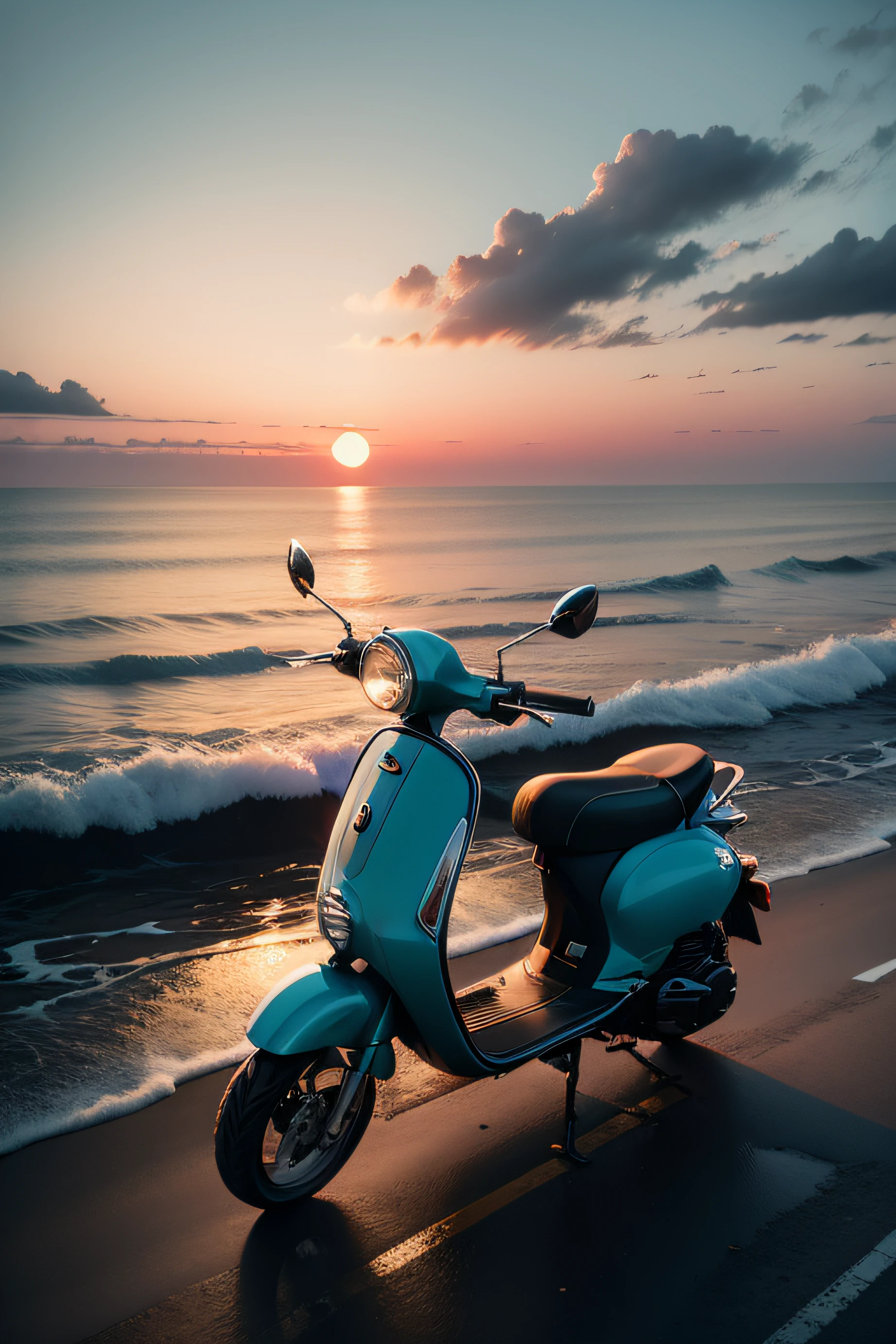 Small electric scooter by the sea Lonely sunset Darkness