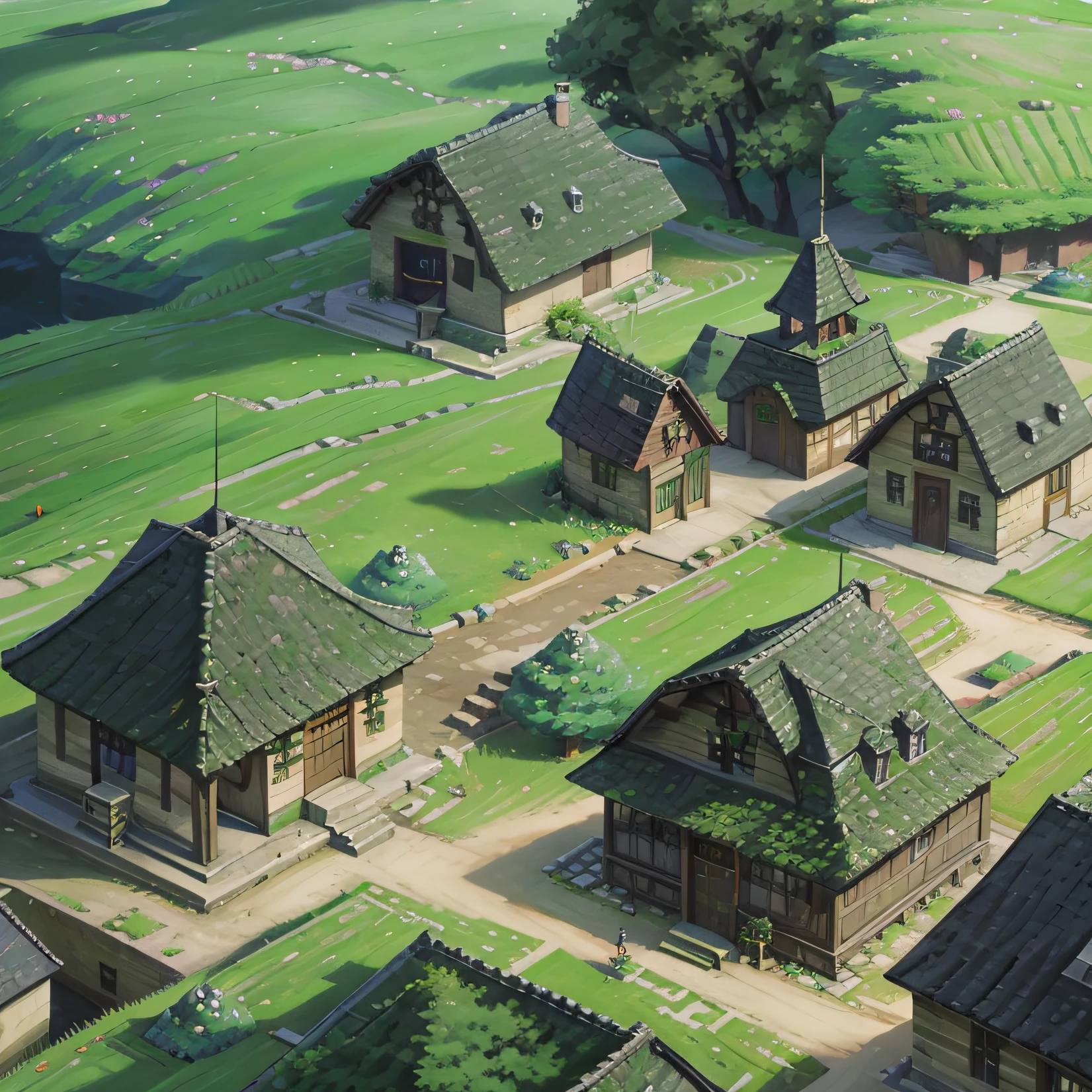 minecraft style,Village architecture,Beautiful idyllic scenery,Green oil crops,aerial shot
