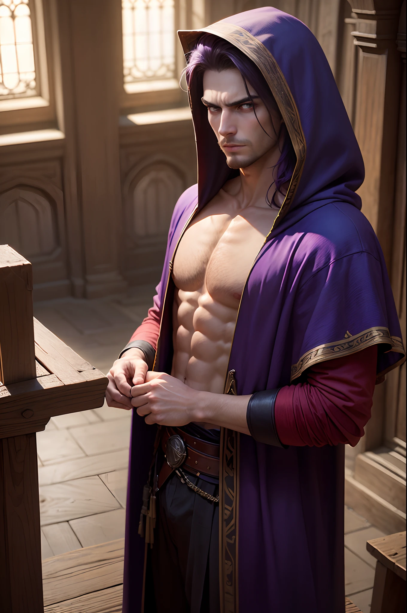 (((masterpiece, best quality, ultra detailed))), (male talented assassin get ready for battle, glaring at viewer, unapproachable vibe, expressionless perfect fingers, perfect hands), 35 years old, medieval Assassin costumes, long assassin cloak, hooded, purple hair, very short hair, male face, male eyebrows, male eyes, sharp nose, facial muscle, adam's apple, (sharp eyes), pupils glowing red, flat chest, medieval church as background, empty, from above, indoor, backlighting,