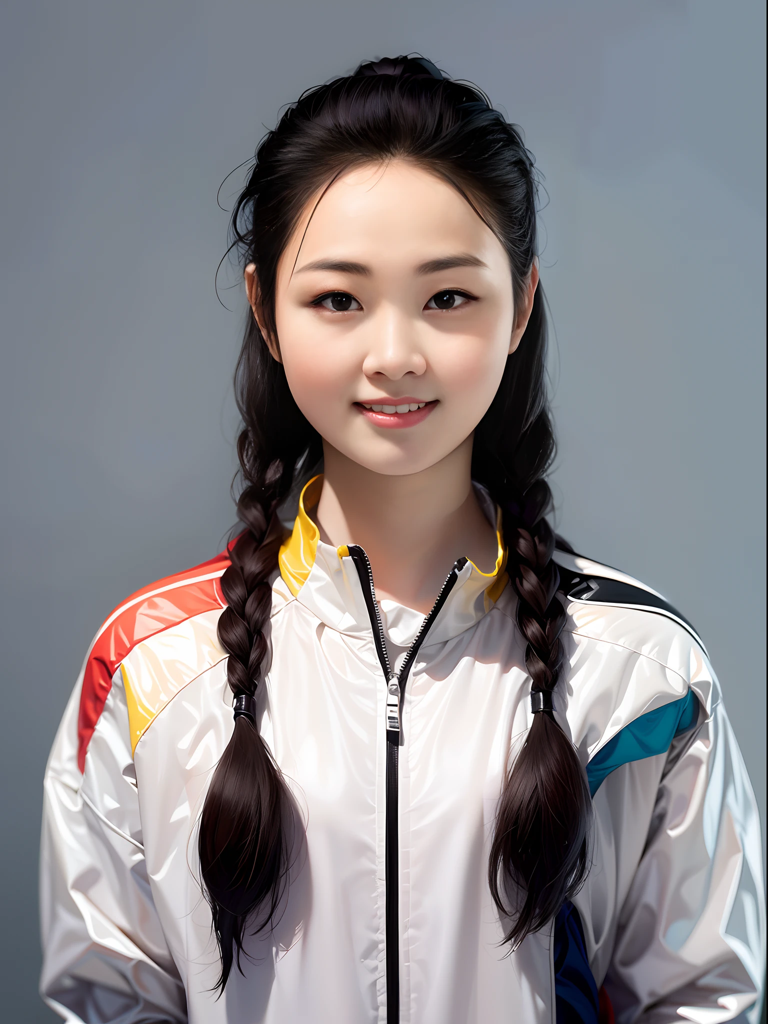 Chinese female high school student，Wearing PVC red game suit，There are zippers，greybackground