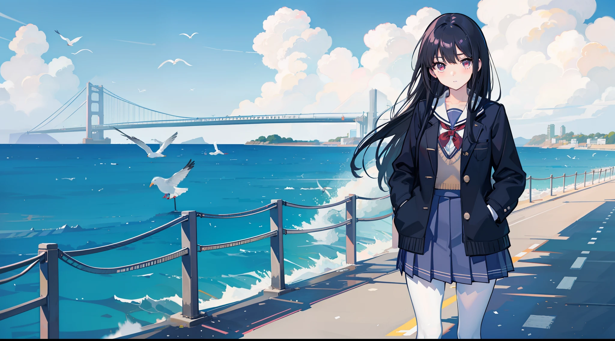 Realistic schoolgirl , school uniform , high qulity , short skirt , Wearing stockings , beautifullegs , black long straight hair , White skin , Slim,Detailed background,the sea,blue-sky,breakwater,seagulls,clouds,vessels,standing on your feet ,Put your hands in your pockets , coat large ,Eye details