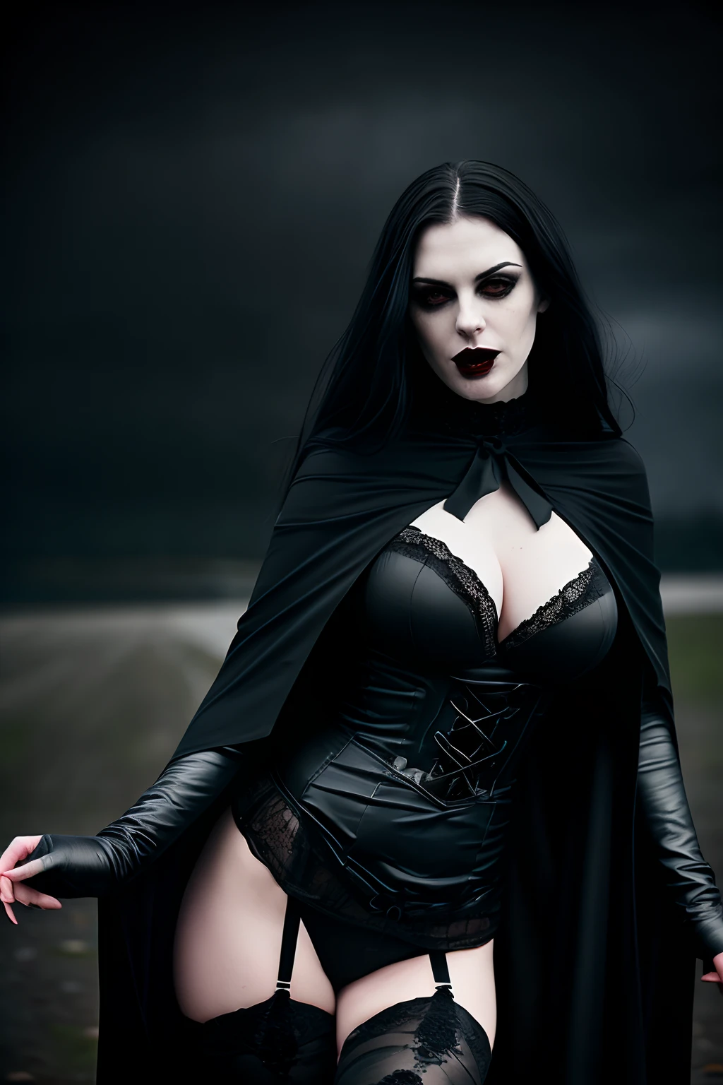 in frame, full body, a beautiful woman at Mont Saint-Michel at night, creepy dark shadows, (incredibly sexy:1.3), pale skin, thin face, luscious long black hair, heavy makeup, dark eyes, dark eyeliner, dark makeup, skin blemishes, (large soft breasts:1.4), (thin tight body:1.4), thin hips, (tight defined butt:1.3), tight stomach, thick strong legs, wearing gothic lingerie and a long black velvet cape and knee high boots, black choker, a vampire, (bloodlust, barring fangs with blood:1.4), blood running down from the corner of her mouth, looking at camera, seductive, moonlight, masterpiece, photorealistic, detailed, 8k, HDR, shallow depth of field, dark nighttime sky, dark shadows, creepy atmospheric, rain, high contrast, backlighting, bloom, chromatic aberration, sharp focus, RAW color photo