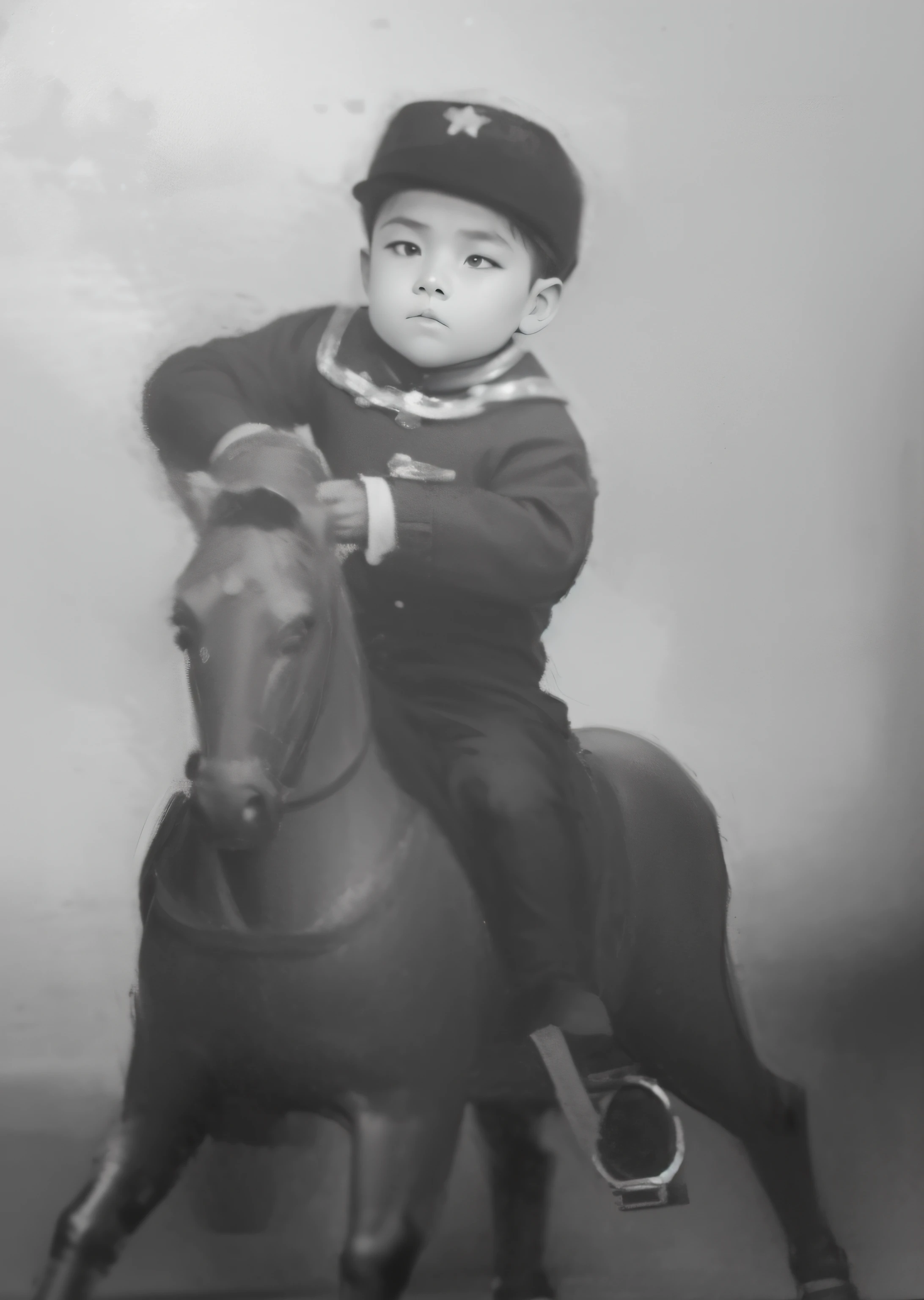 A ,Dressed in black,With a black hat,Wear black cloth shoes,Ride on a simulated horse,Small face,No reins on a ceramic horse,Behind you is a clean background of uniform gray,The overall hierarchy is clear and clear