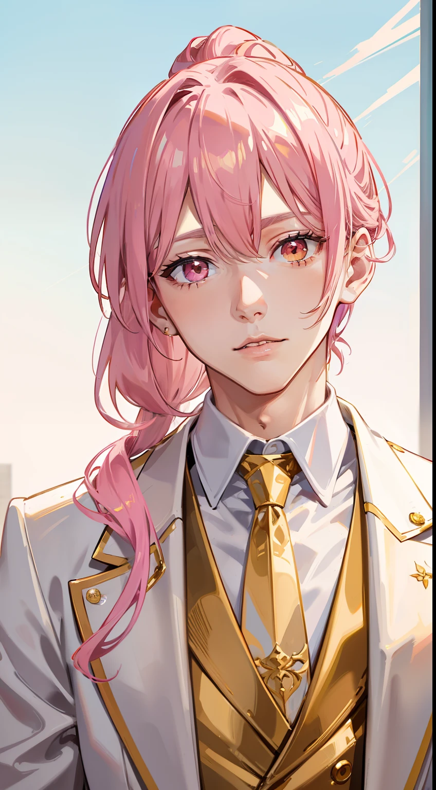 adult man, pink hair, high ponytail, golden eyes, white suit with gold elements, Masterpiece, hiquality