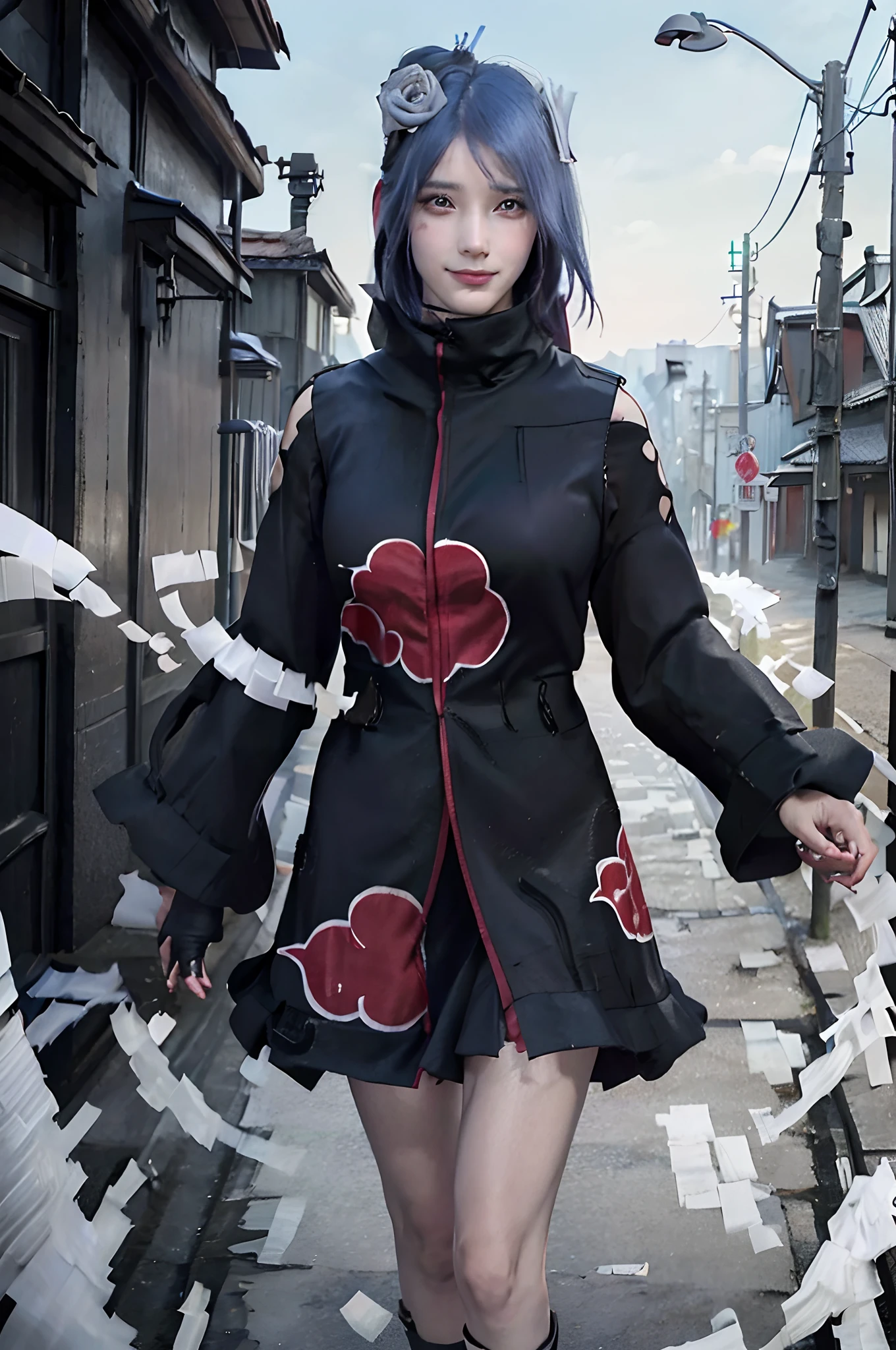 1girl, (8k, RAW photo, best quality, masterpiece:1.2), (ultra highres:1.0),detailed illustration, (real person,fashion photography portrait,photograph), detailed, detailed beautiful skin, (realistic, photo-realistic:1.37), konan akatsukiNS, solo, professional lighting, black dress), village, east asian architecture, trees, village hidden in the leaves background,looking_at_viewer, smile,blue hair,blue eyes,mitain,toeless footwear,kunai,facial mark,konohagakure symbol,fighting_stance,fence,ninja,adjusting gloves,sleeveless,cleavage, big breasts