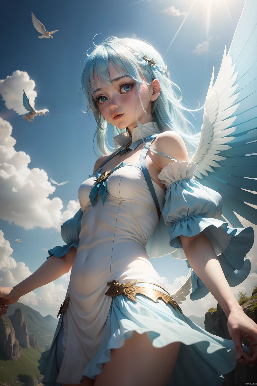 Light blue-haired girl with translucent wings that caught the rays of light, making her seem like part of the very sky, a backdrop scene displayed behind, showing the character flying in a world of fantasy.