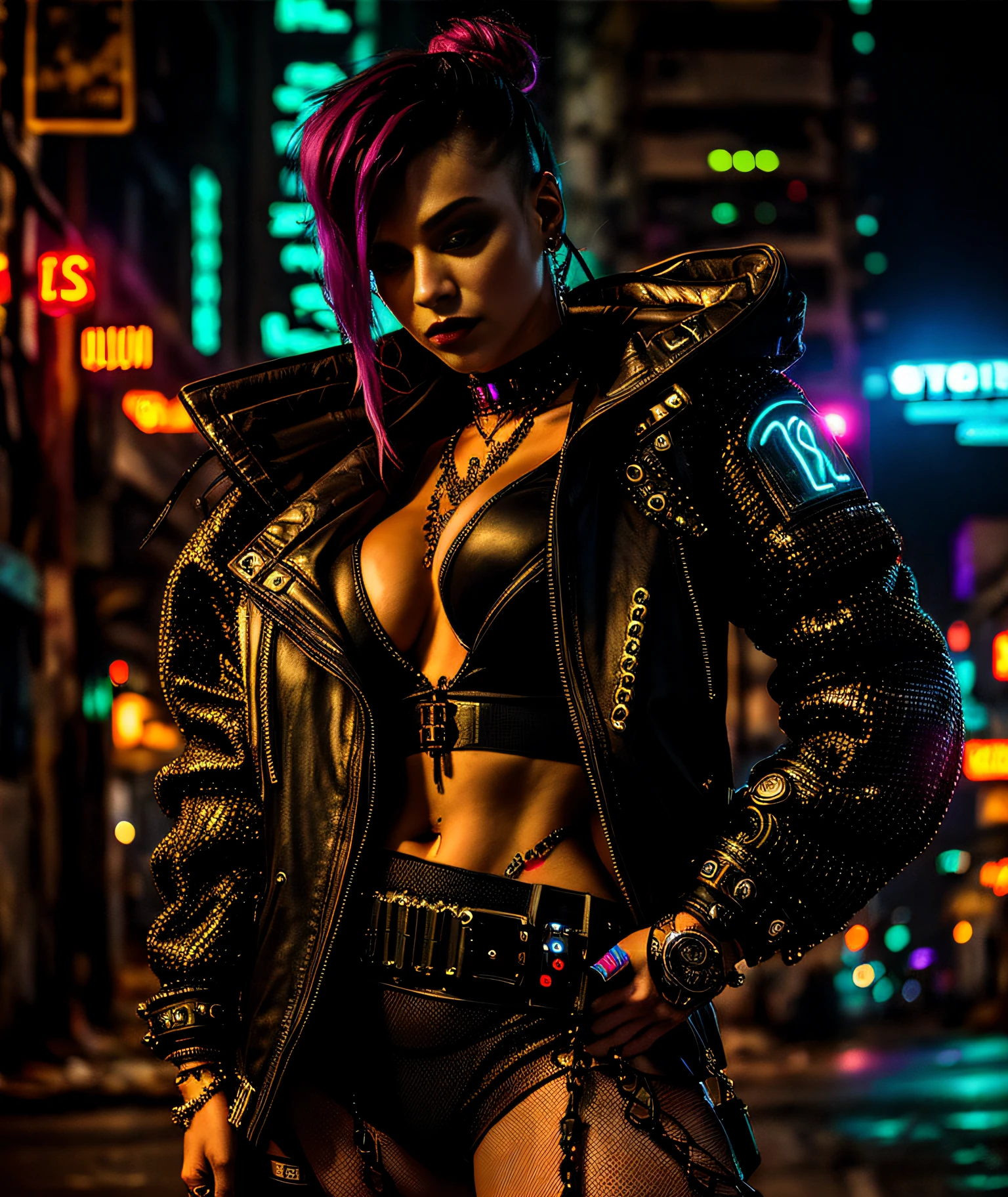artistic photograph of a cyberpunk prostitute, full body shot, extremely detailed, centered, intricate neon slums in the background, high resolution, hyperdetailed, soft lighting, film grain
