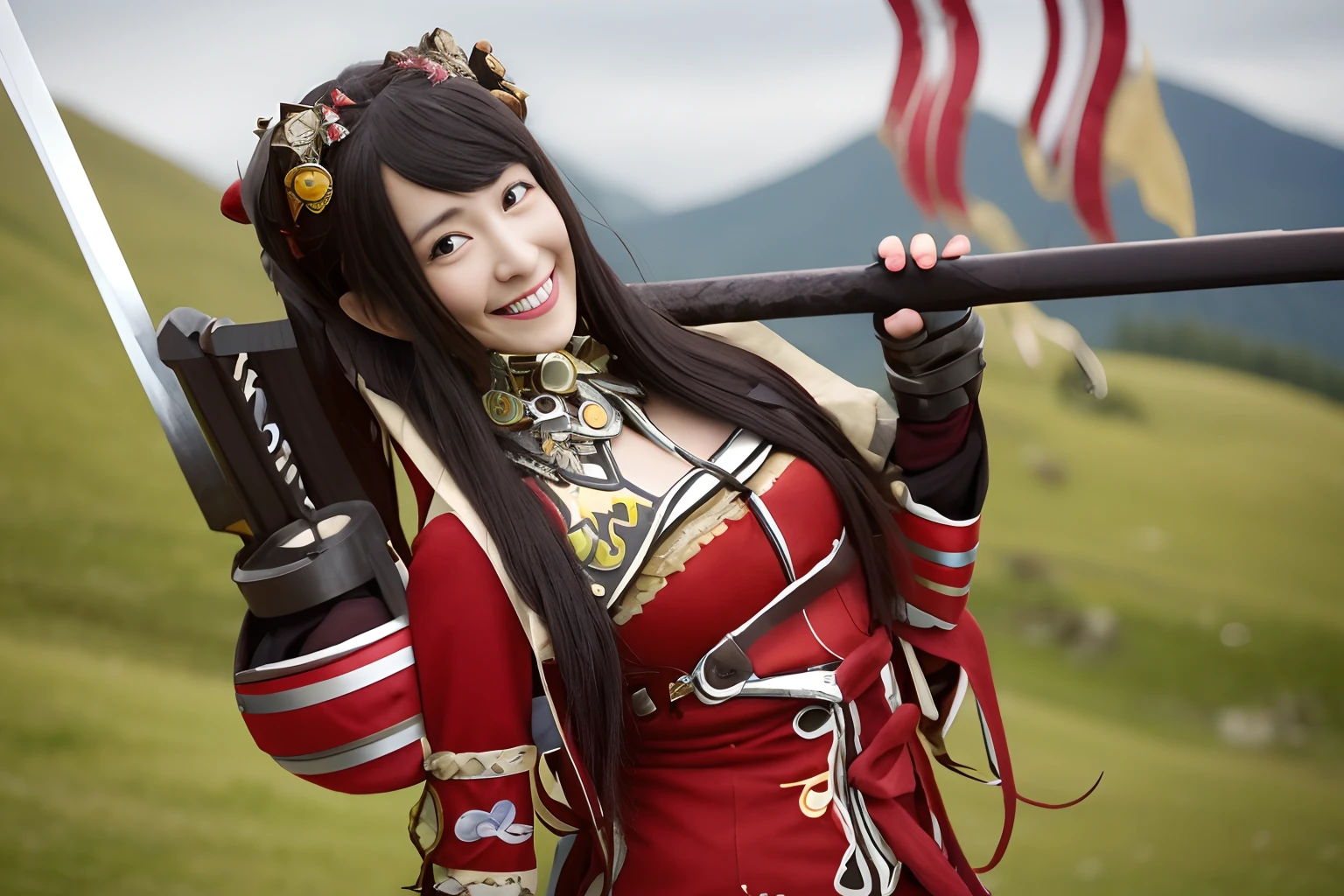 A smile、There is a woman in costume with a sword in her hand, Mountain scenery