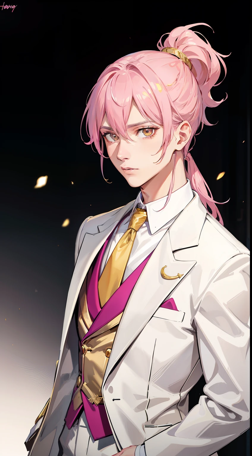 adult man, pink hair, high ponytail, golden eyes, white suit with gold elements, Masterpiece, hiquality