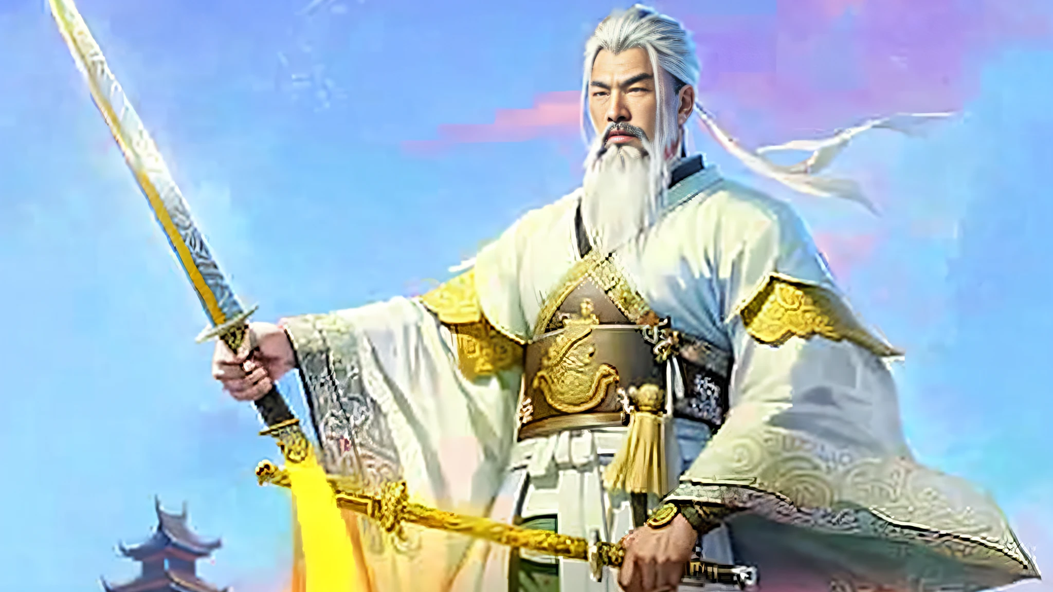 The image of a man with a sword and a sword longs for, heise jinyao, Guan yu, bian lian, Inspired by Huang Shen, Inspired by Seki Dosheng, the god emperor of mankind, Son Goku, Taoist, drak, legendary god holding spear, god of moon, Inspired by Hu Zaobin, Taoist master