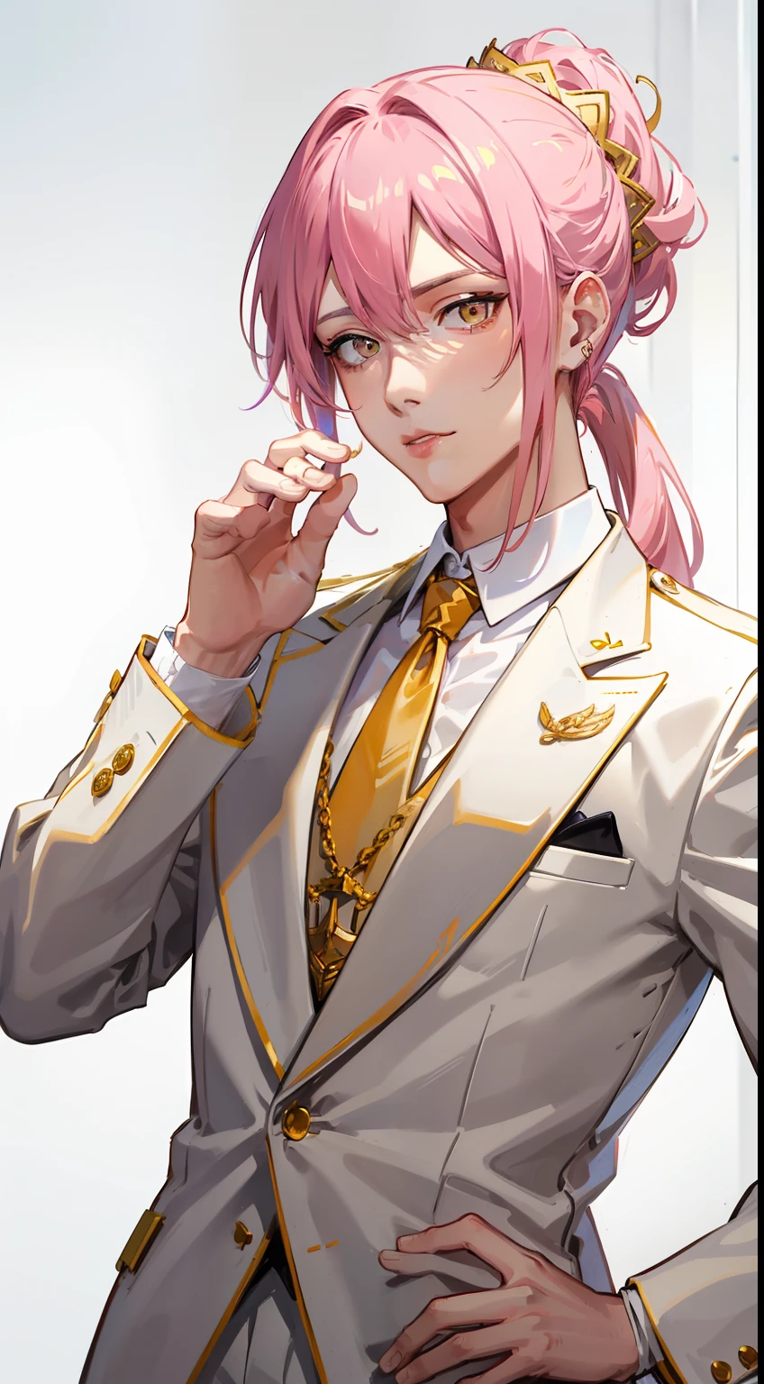 adult man, pink hair, high ponytail, golden eyes, white suit with gold elements, Masterpiece, hiquality