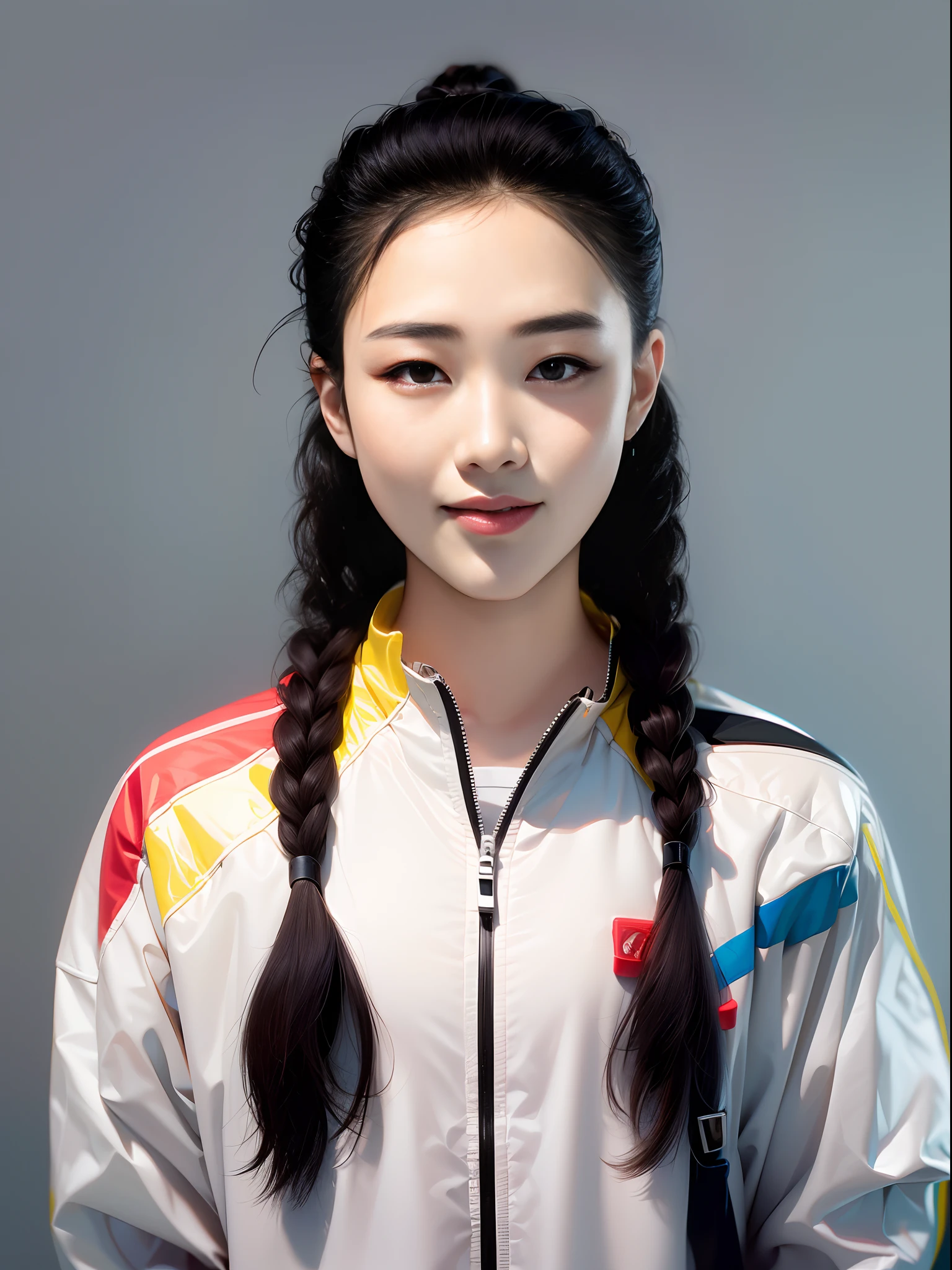 Chinese female high school student，Wearing PVC red game suit，There are zippers，greybackground