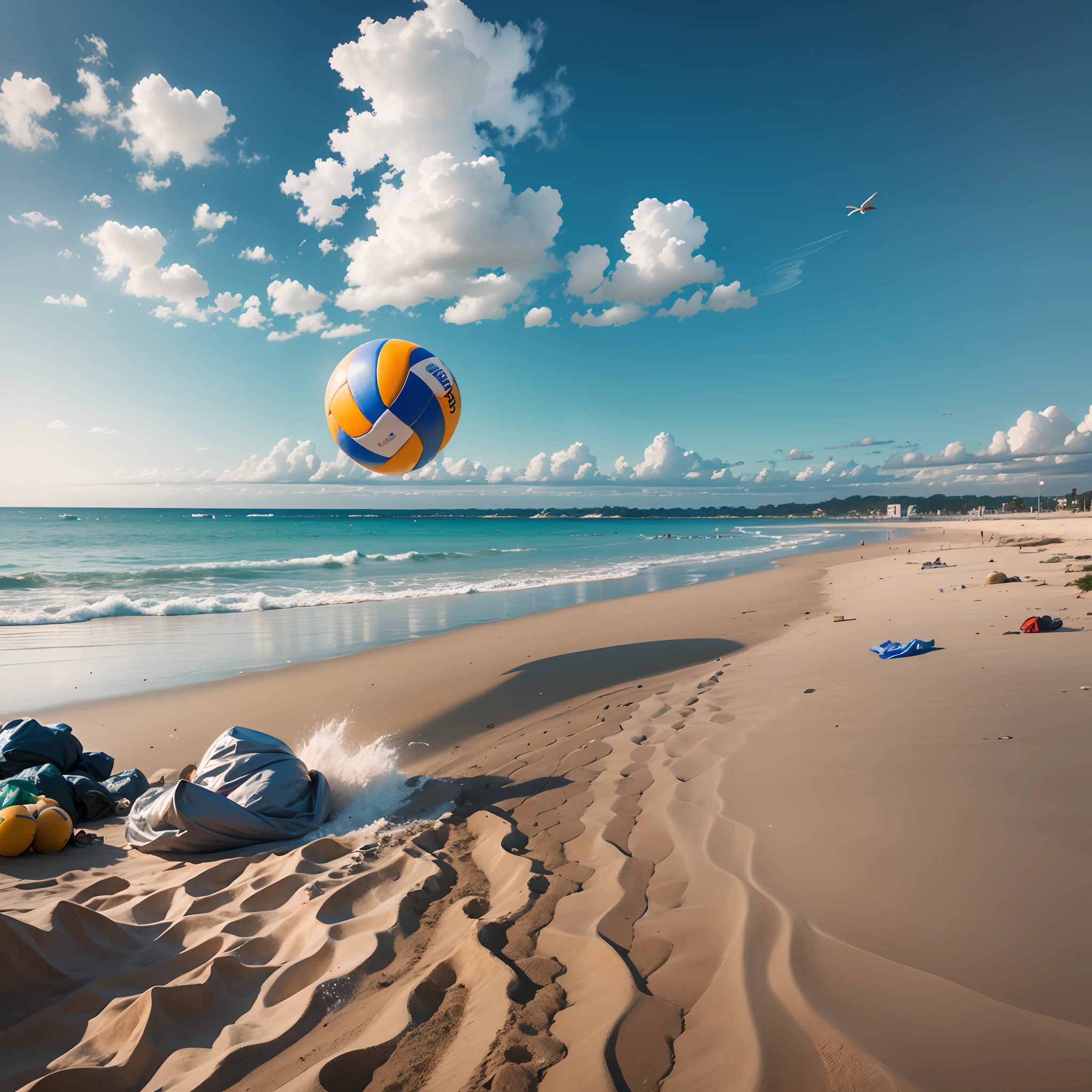 On the beach, a volleyball dropped from the sky, bounced when it hit the sand, and then flew into the distance. There are a large number of garbage bags floating in the air next to them --auto --s2